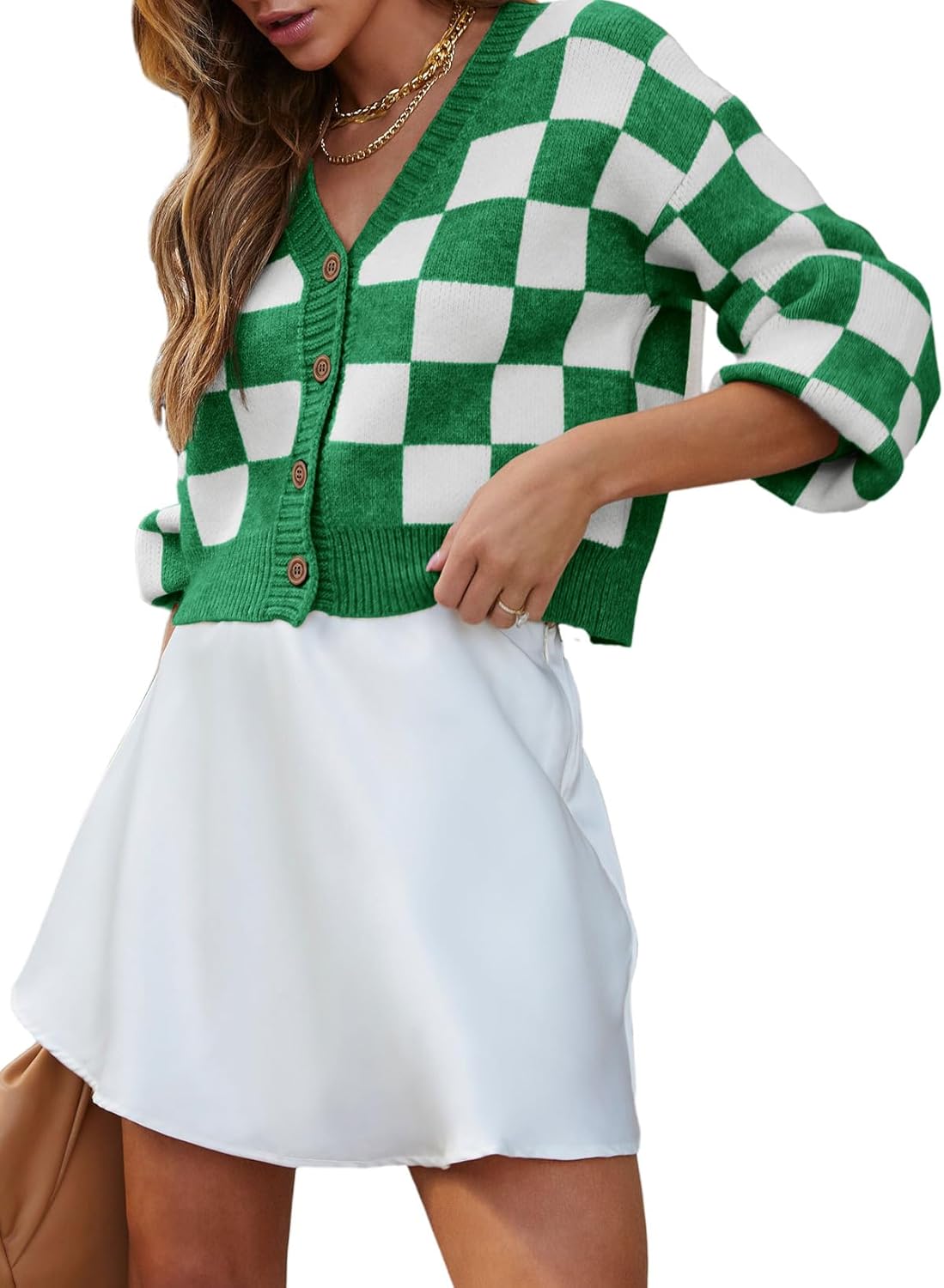 Maglioni cardigan corti lavorati a trecce a maniche lunghe con scollo a V a quadretti da donna Dokotoo