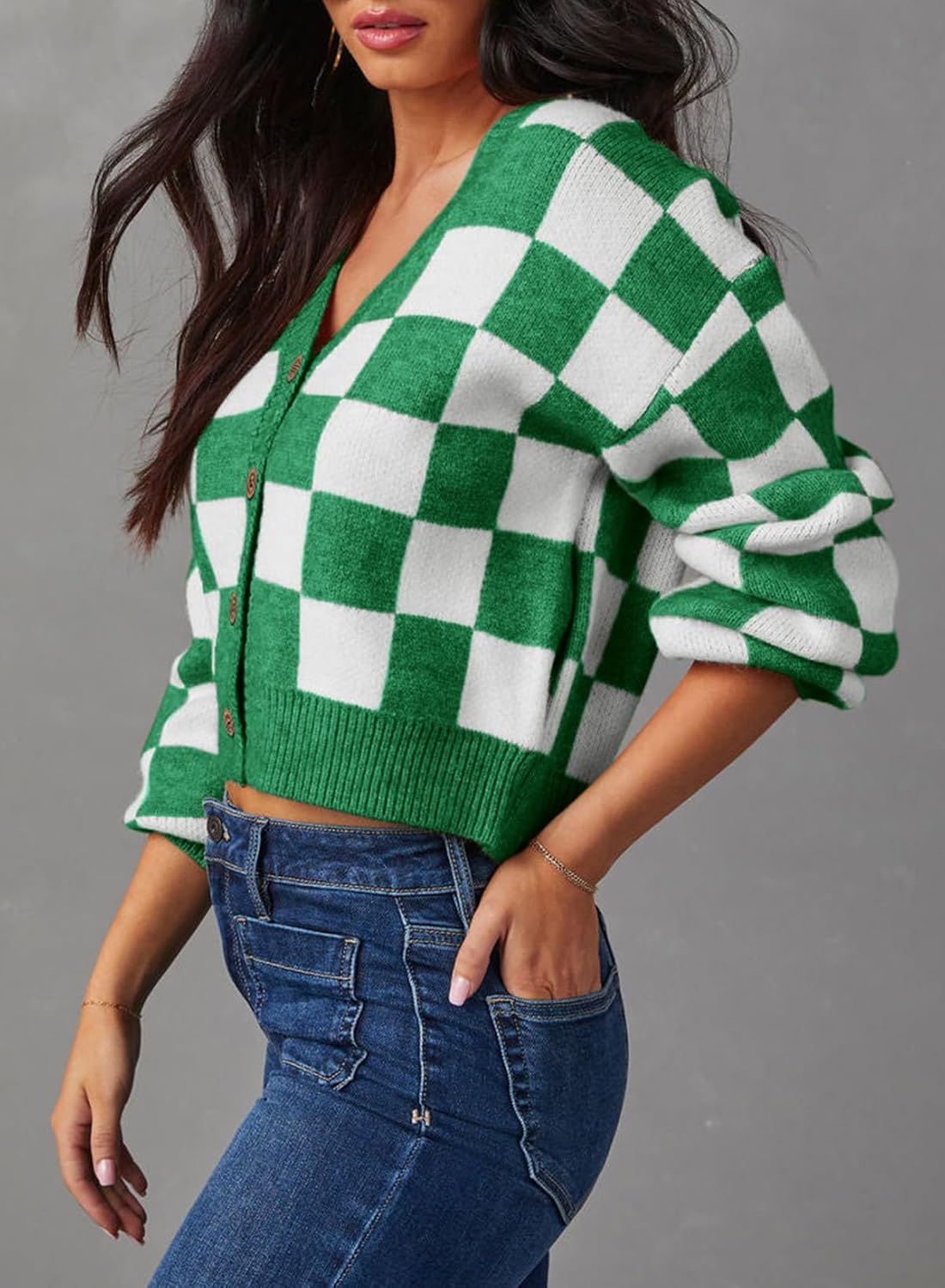 Dokotoo Womens Checkered V Neck Button Down Long Sleeve Cable Knit Cropped Cardigan Sweaters Tops · v3