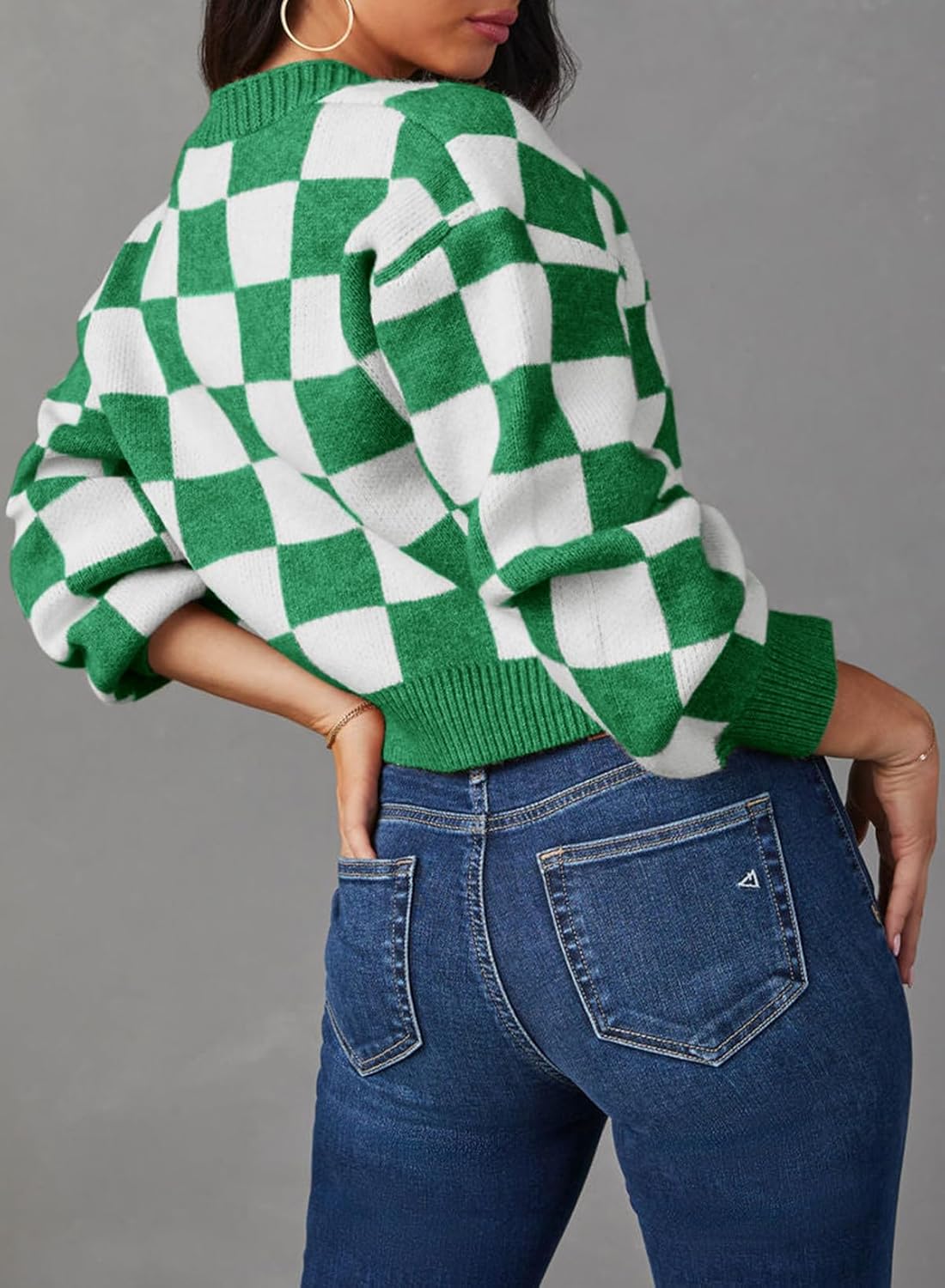 Dokotoo Womens Checkered V Neck Button Down Long Sleeve Cable Knit Cropped Cardigan Sweaters Tops · v3