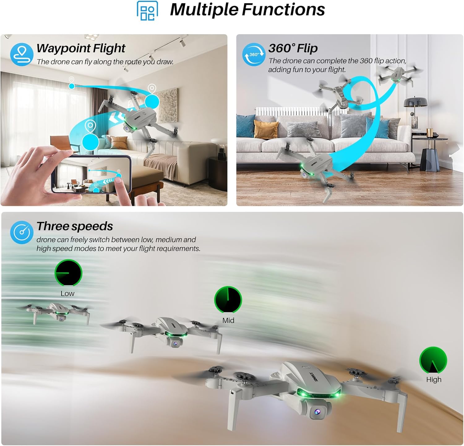 Yetişkinler için 1080P FPV Kameralı Drone - Hover Stable ile Quadcopter Drone, Tek Tuşla Başlamalı Katlanabilir Mini Dronlar, Waypoint Fly, Kafasız Mod, Otomatik Takip, 3D Flip, 3 Hız, 2 Pil, Yeni Başlayanlar İçin Kolay