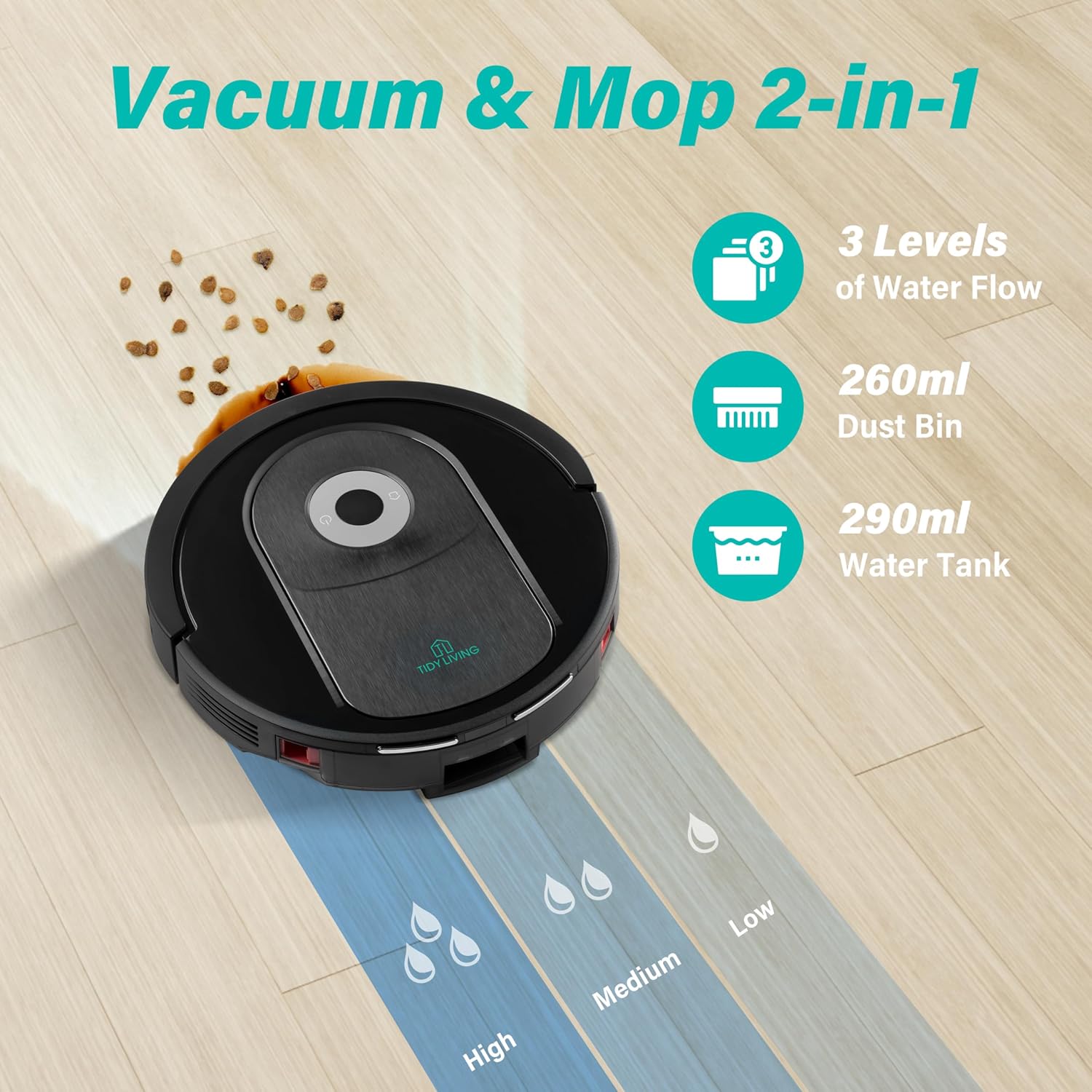 Robot aspirapolvere e mocio combinato, robot aspirapolvere automatico da 4000 pa con serbatoio d'acqua e pattumiera, robot aspirapolvere intelligente a ricarica automatica compatibile con APP, perfetto per peli di animali domestici, pavimenti duri e moquette
