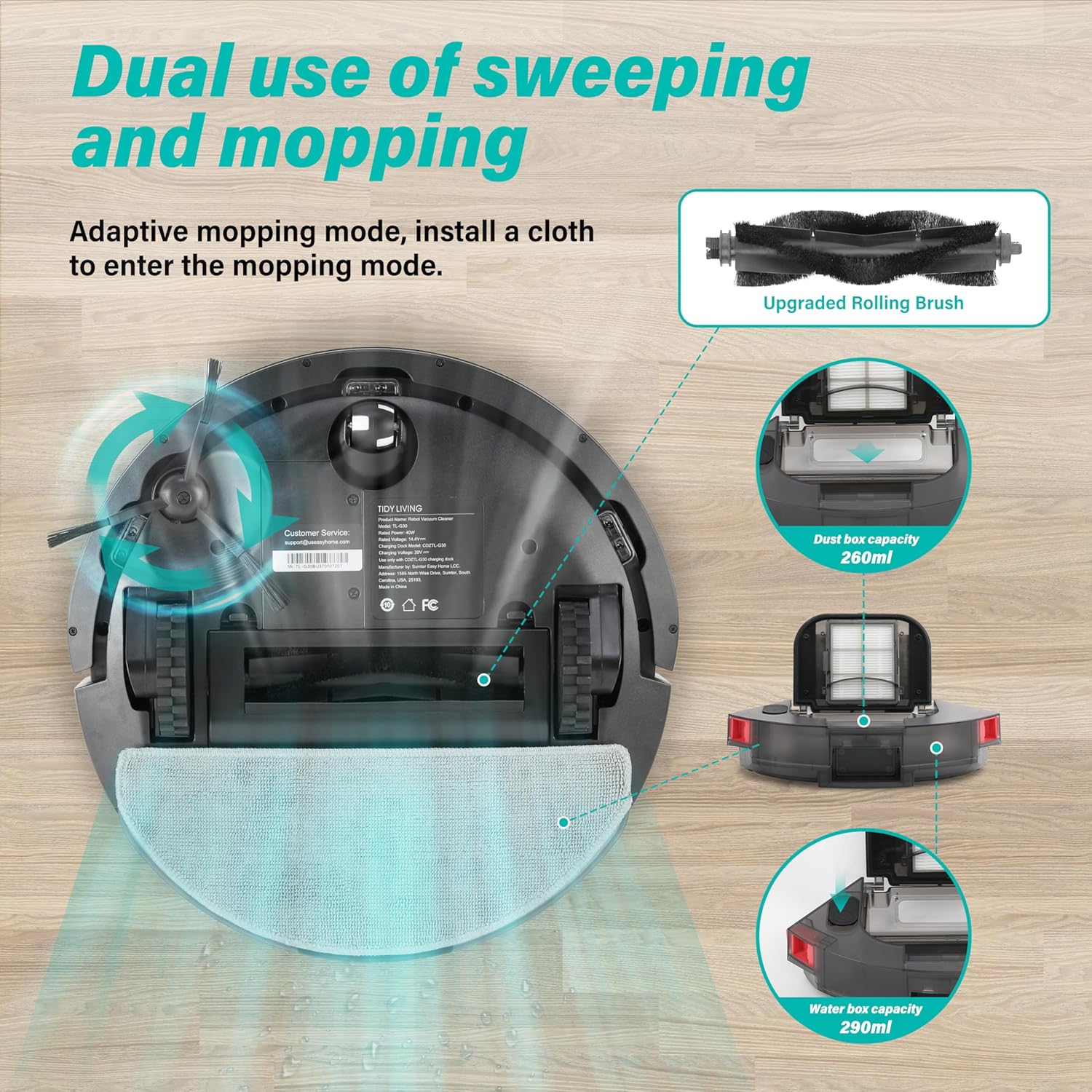 Robot aspirapolvere e mocio combinato, robot aspirapolvere automatico da 4000 pa con serbatoio d'acqua e pattumiera, robot aspirapolvere intelligente a ricarica automatica compatibile con APP, perfetto per peli di animali domestici, pavimenti duri e moquette