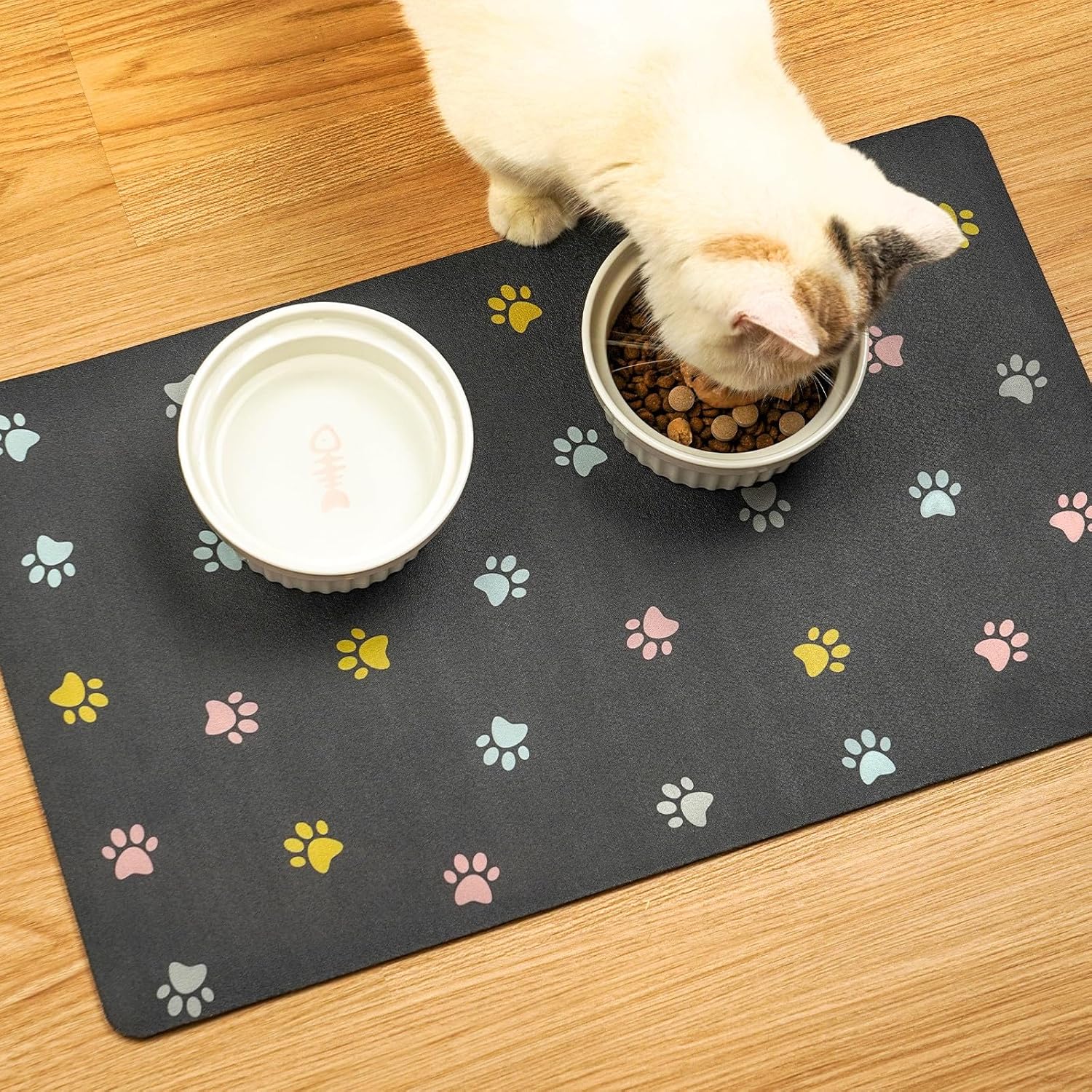 Alfombrilla de alimentación para mascotas, tapete de alimentación para gatos, para comida y agua, sin manchas, tapete de secado rápido para perros y gatos, cuenco, color pata, 12 x 19 pulgadas