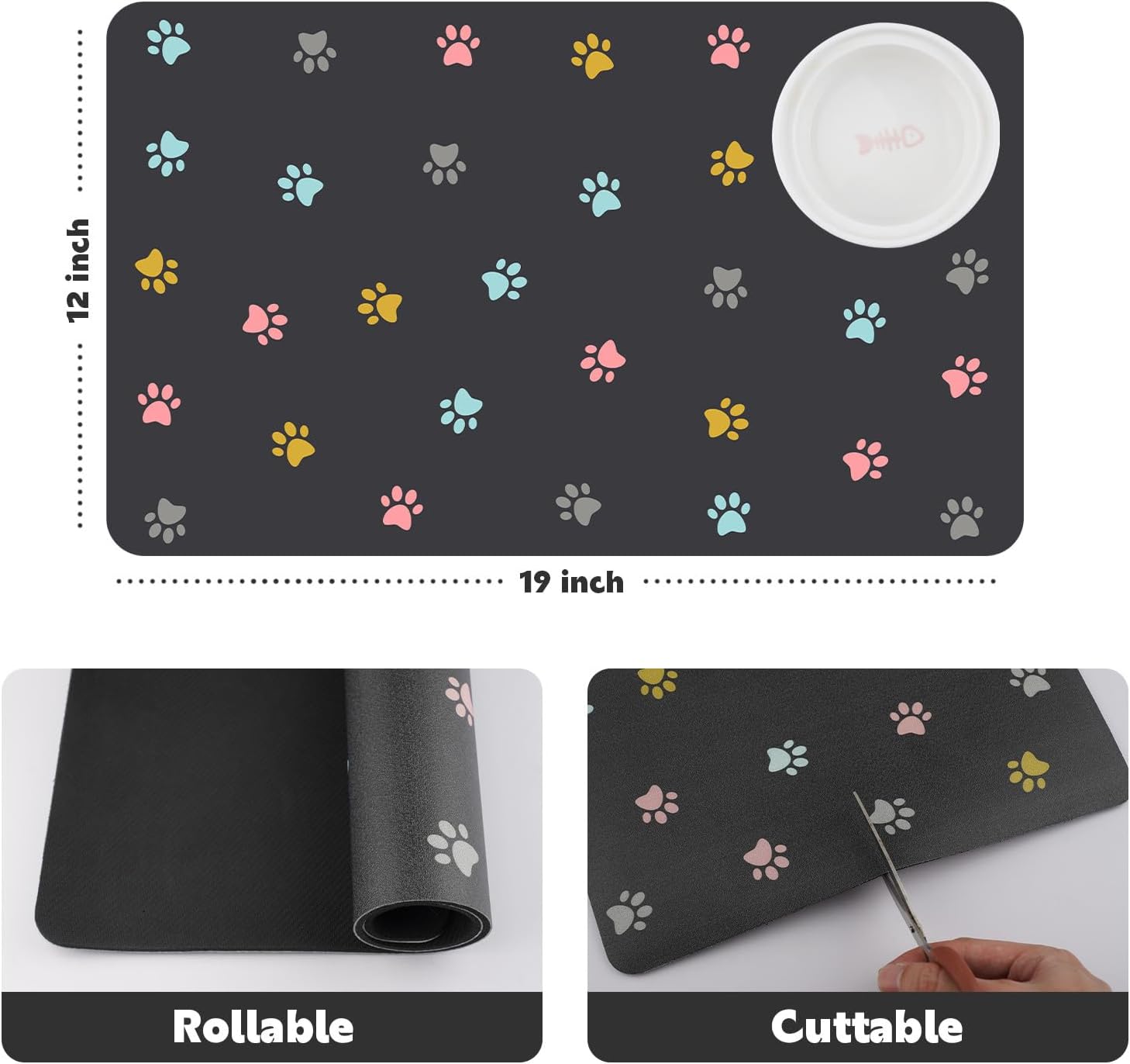 Alfombrilla de alimentación para mascotas, tapete de alimentación para gatos, para comida y agua, sin manchas, tapete de secado rápido para perros y gatos, cuenco, color pata, 12 x 19 pulgadas