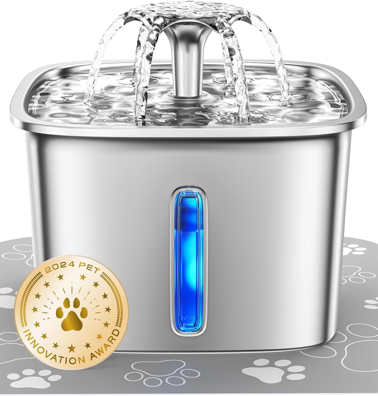 Veken Innovation Award Winner Stainless Steel Cat Water Fountain, 95oz/2.8L Automatic Pet Fountain Dog Water Dispenser with Replacement Filters  Silicone Mat for Cats, Dogs, Multiple Pets (Silver)