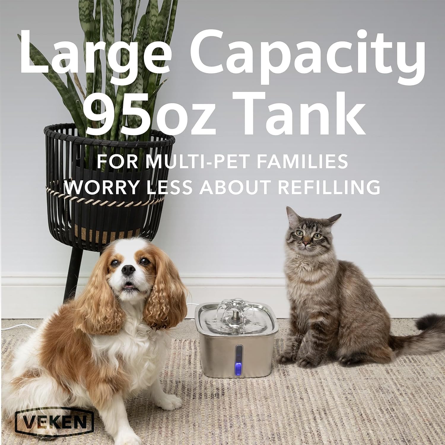 Veken Innovation Award Winner Stainless Steel Cat Water Fountain, 95oz/2.8L Automatic Pet Fountain Dog Water Dispenser with Replacement Filters Silicone Mat for Cats, Dogs, Multiple Pets (Silver)