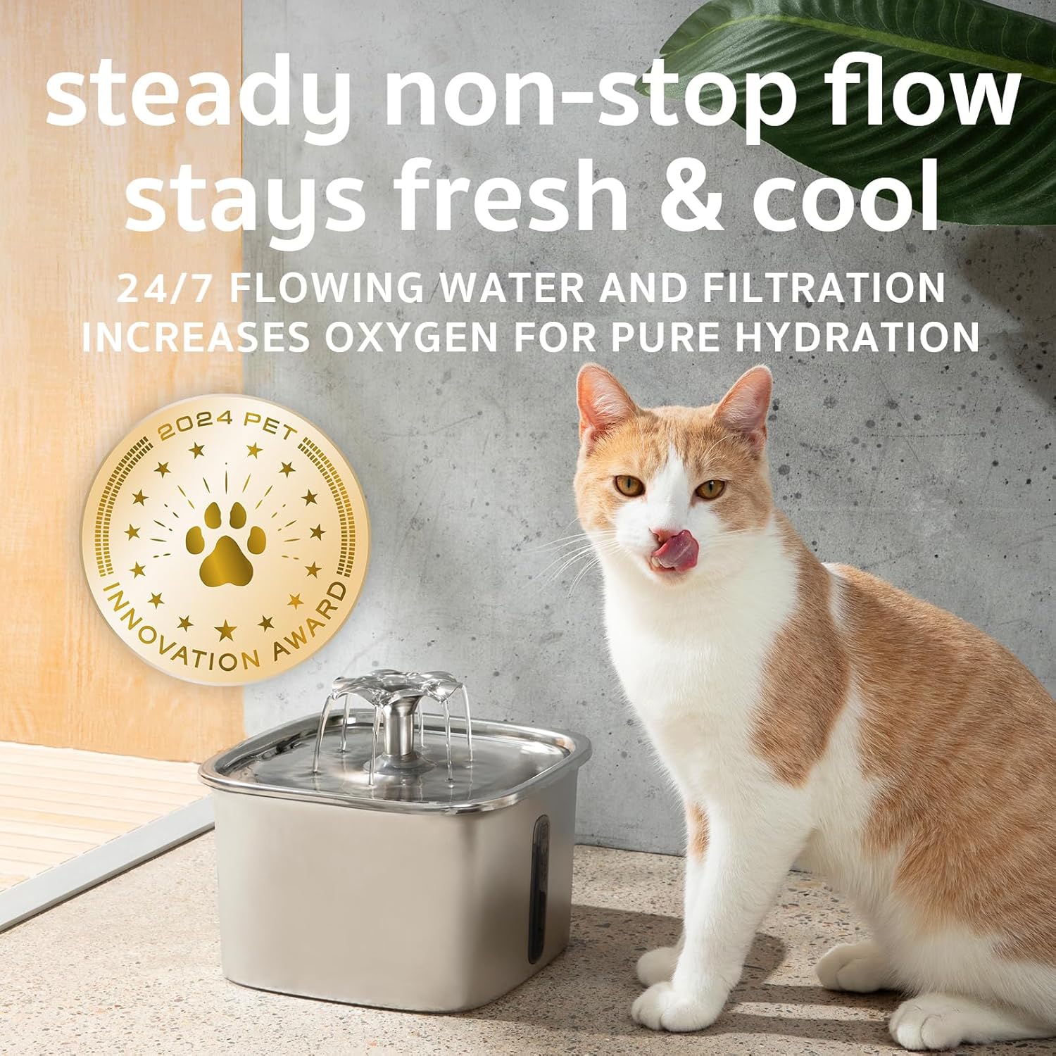 Veken Innovation Award Winner Stainless Steel Cat Water Fountain, 95oz/2.8L Automatic Pet Fountain Dog Water Dispenser with Replacement Filters Silicone Mat for Cats, Dogs, Multiple Pets (Silver)