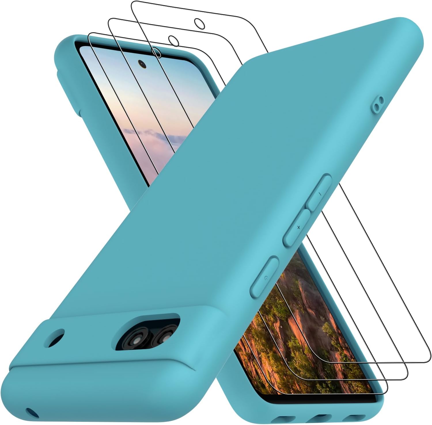Étui pour téléphone portable Google Pixel 7a 5G, bleu glacier avec lot de 3 films de protection d'écran en verre trempé, silicone liquide souple TPU, coque de protection intégrale