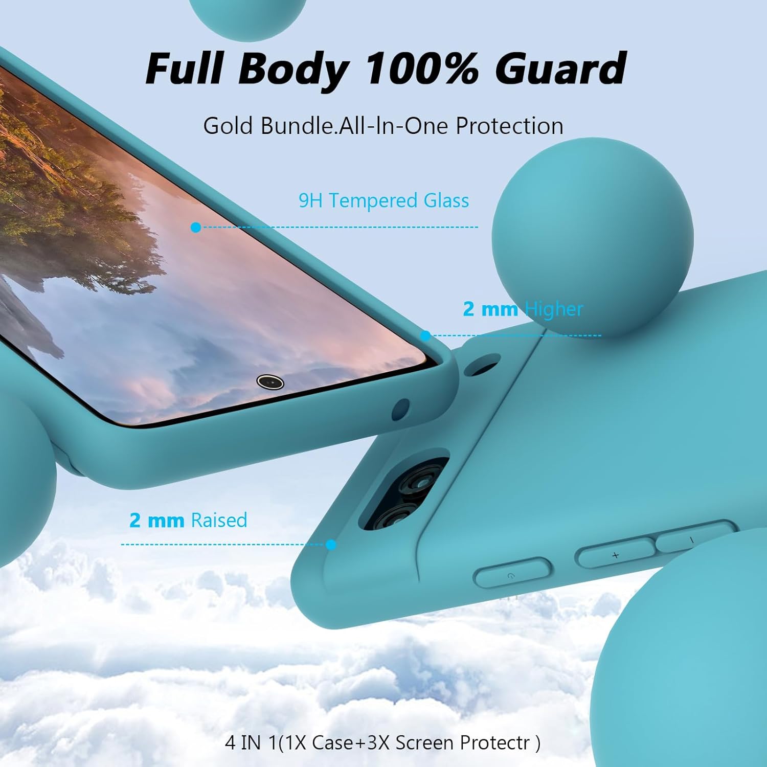 Étui pour téléphone portable Google Pixel 7a 5G, bleu glacier avec lot de 3 films de protection d'écran en verre trempé, silicone liquide souple TPU, coque de protection intégrale