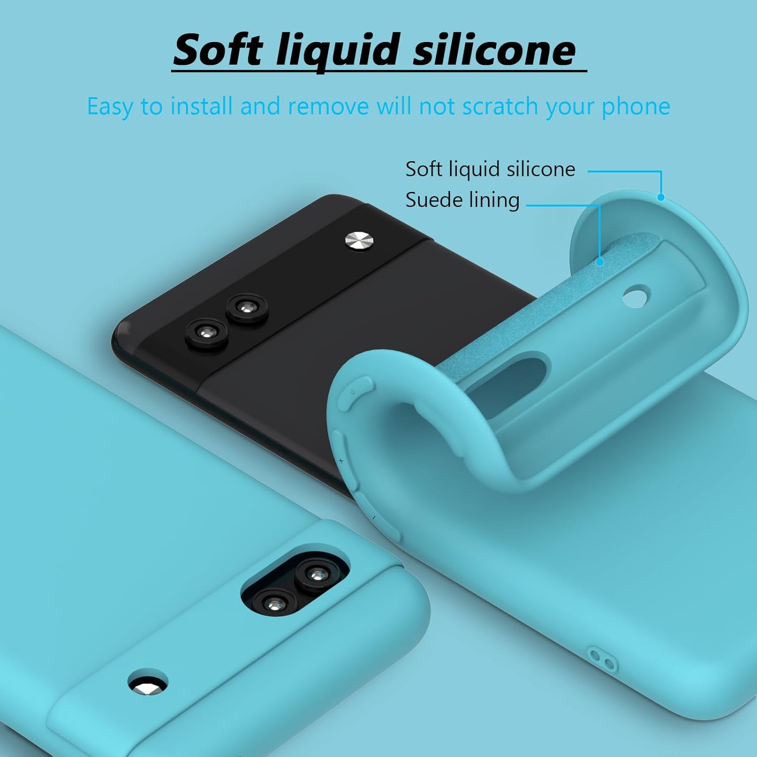 Étui pour téléphone portable Google Pixel 7a 5G, bleu glacier avec lot de 3 films de protection d'écran en verre trempé, silicone liquide souple TPU, coque de protection intégrale