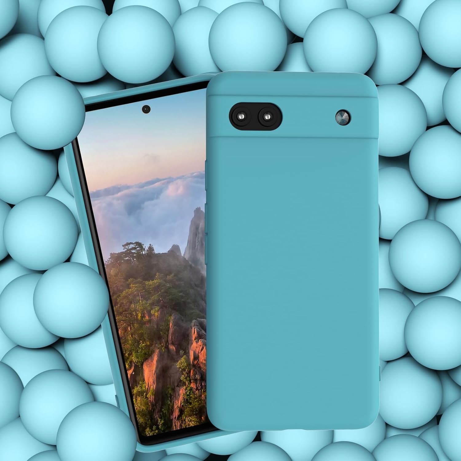 Étui pour téléphone portable Google Pixel 7a 5G, bleu glacier avec lot de 3 films de protection d'écran en verre trempé, silicone liquide souple TPU, coque de protection intégrale