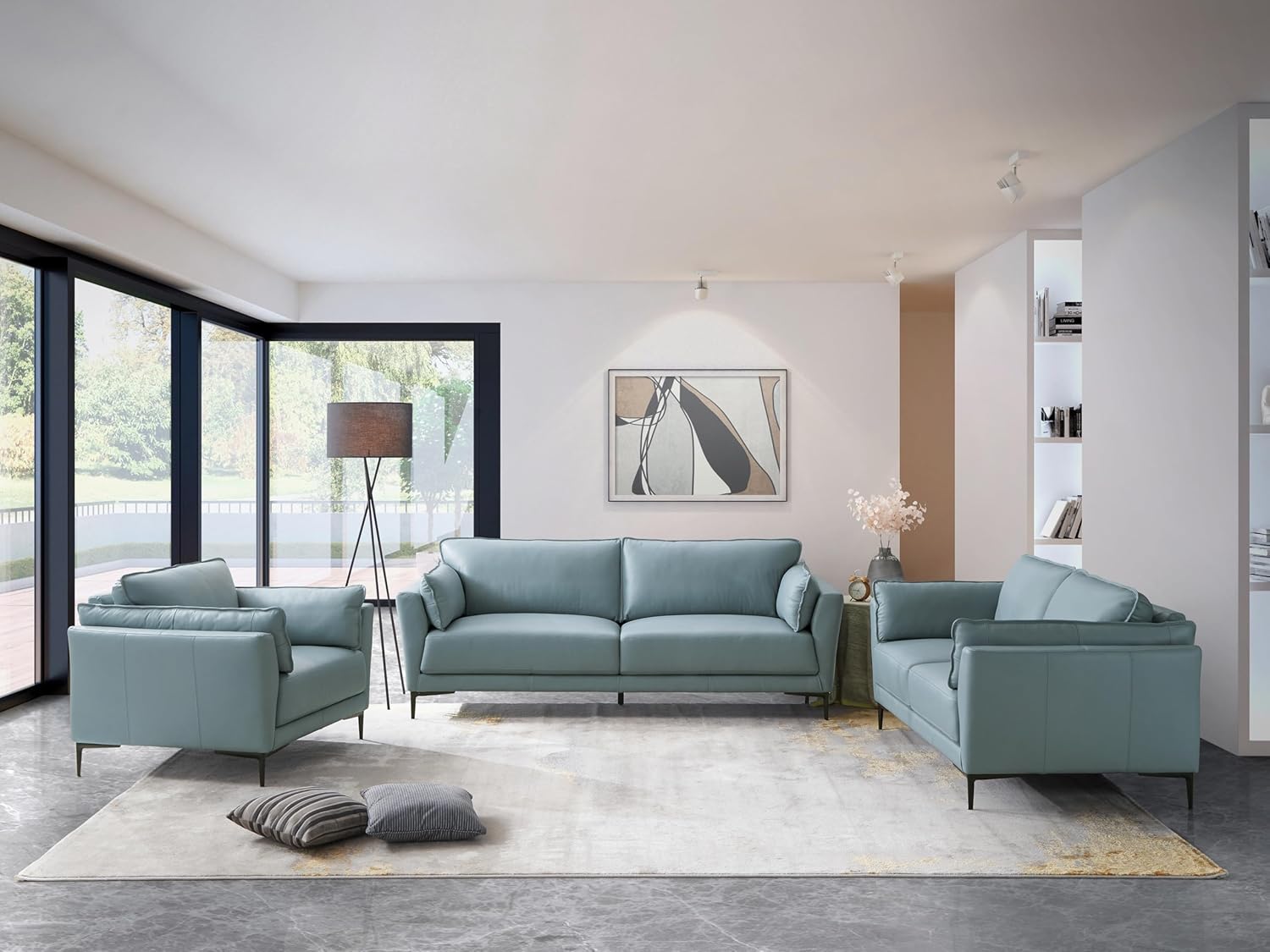 Acme Mesut Leather Upholstered Sofa in Light Blue and Black · v2