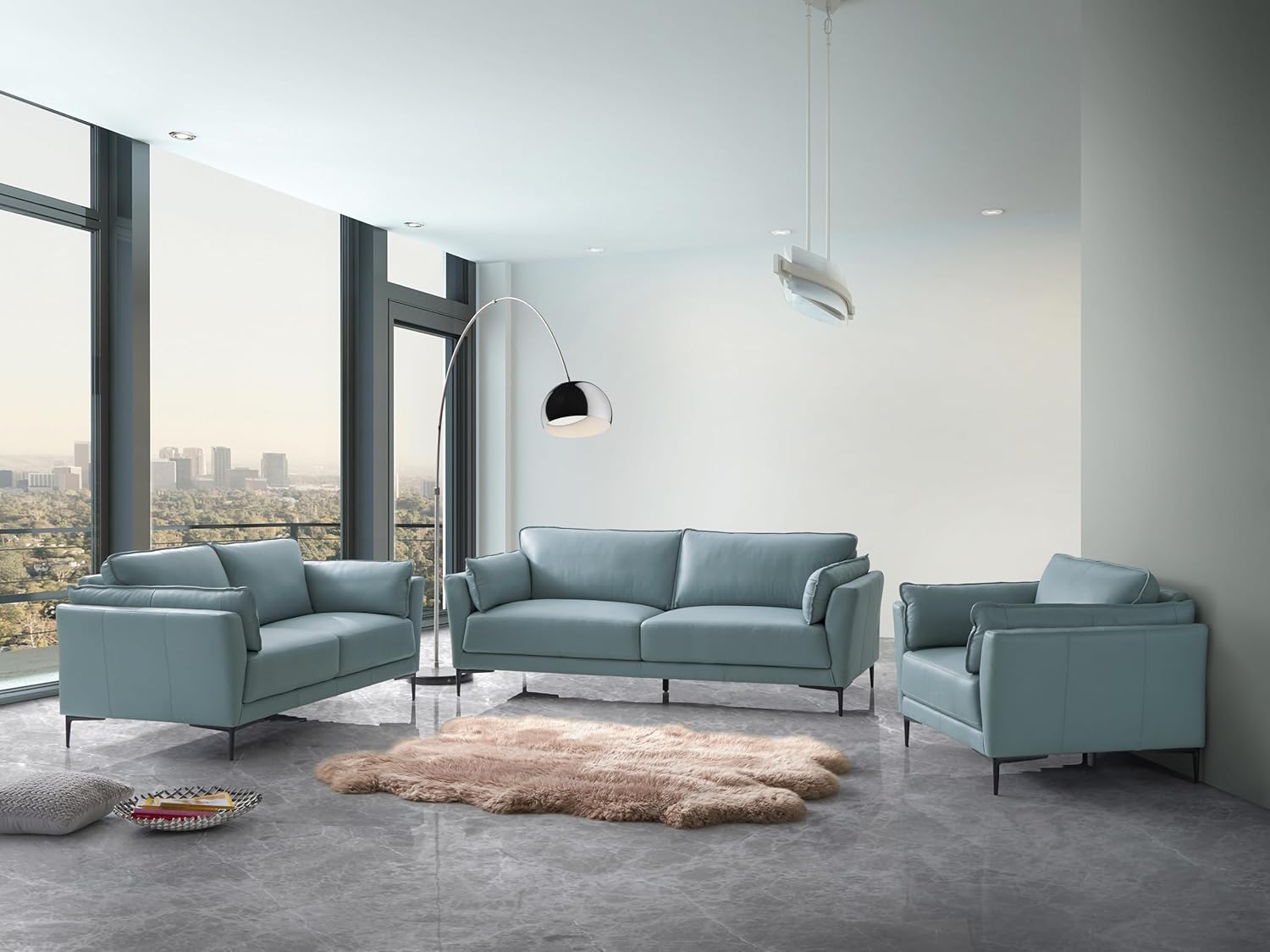 Acme Mesut Leather Upholstered Sofa in Light Blue and Black · v2