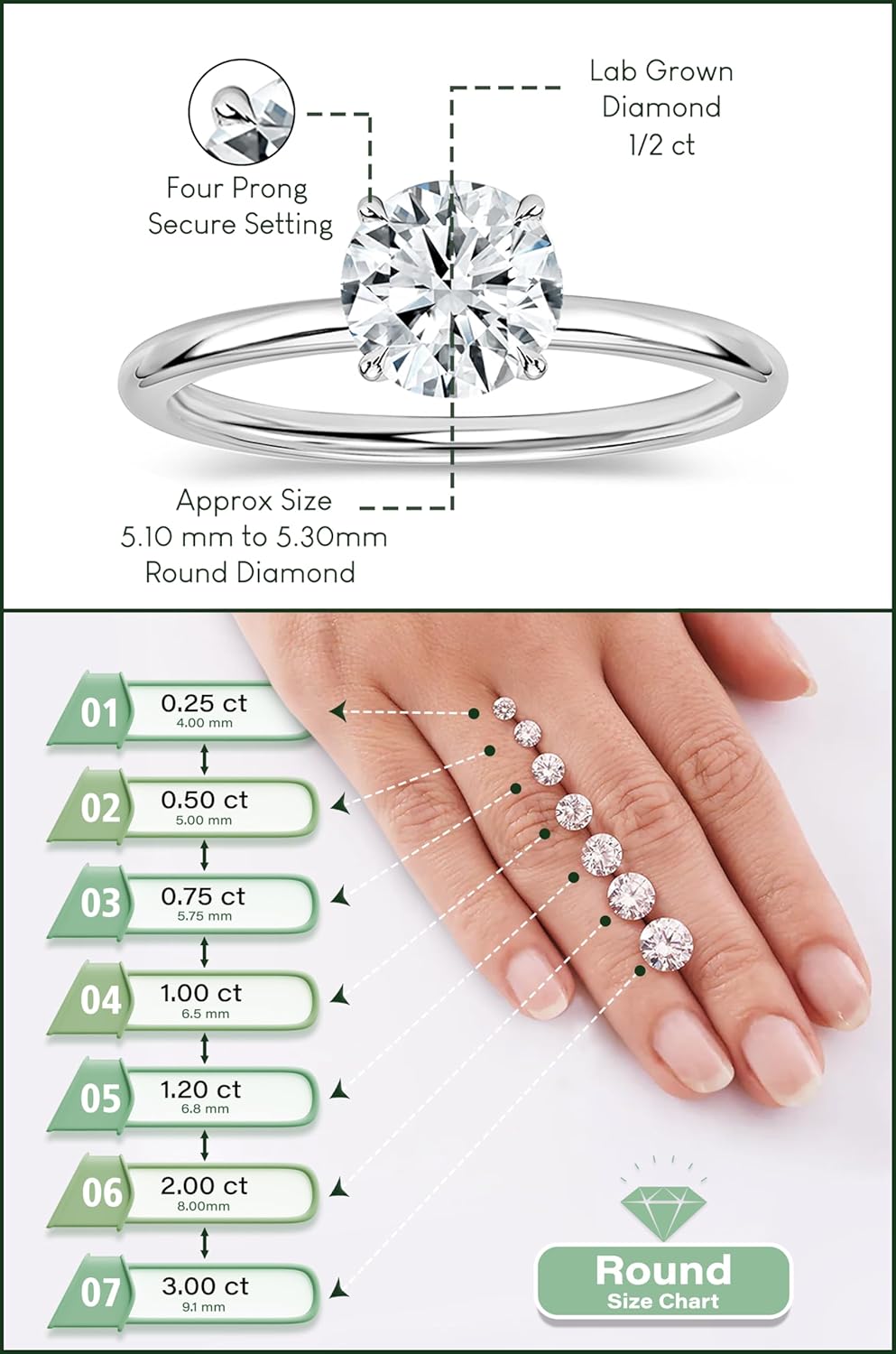 925 Ayar Gümüş Kadınlar için Yuvarlak Moissanite veya Laboratuvarda Yetiştirilmiş Beyaz Pırlanta Klasik Tektaş Nişan Yüzüğü