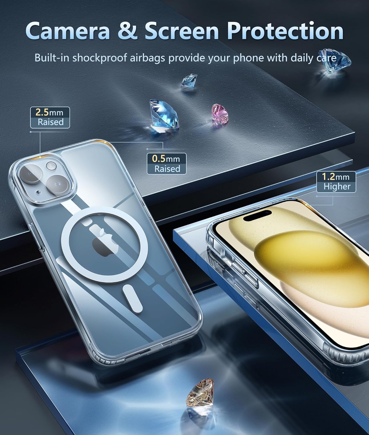 FNTCASE for iPhone 15-Plus Phone Case: Clear Case Military Grade Shockproof Protective Magnetic Cell Phone Cover, Anti Yellowing Scratch-Resistant Drop Proof Phonecase for iPhone 15-Plus 5G 6.7 inch