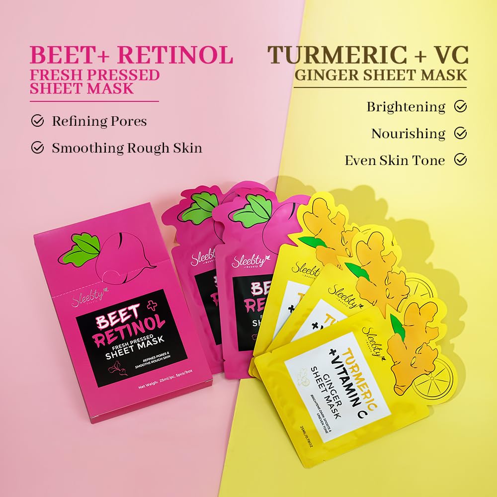 Beet Vitamin A  Turmeric Facial Sheet Masks For Skin care,Beauty,for All Skin Types,Helps Anti Wrinkles, Smooths,and Moisturizing Skincare (10-Packs)