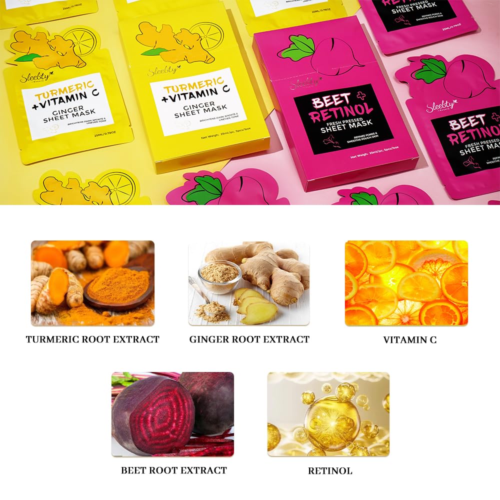 Beet Vitamin A  Turmeric Facial Sheet Masks For Skin care,Beauty,for All Skin Types,Helps Anti Wrinkles, Smooths,and Moisturizing Skincare (10-Packs)