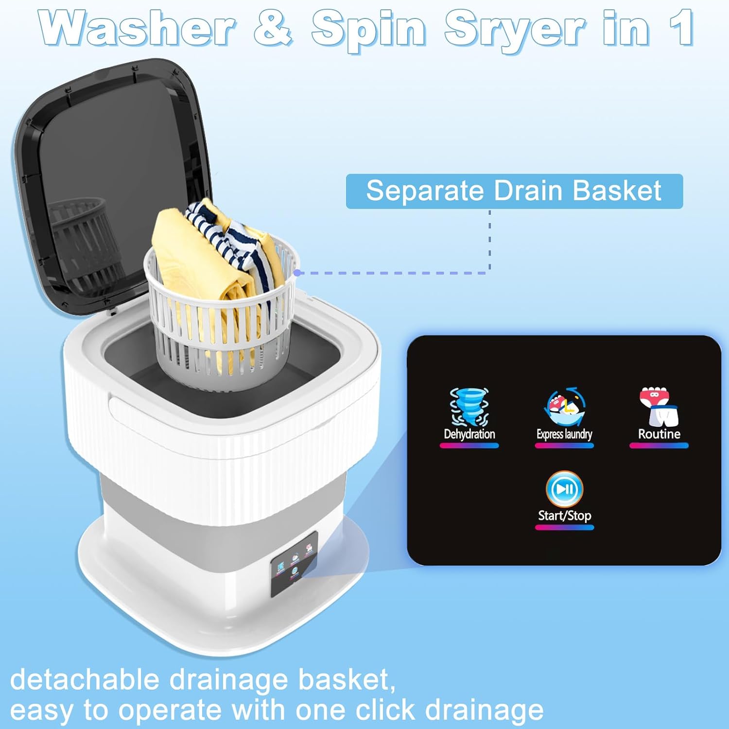 Portable Washing Machine, 10L Mini Washer and Dryer Foldable Washer Machine, Cleaning Small Washer, Bucket Laundry Machine with Deep Cleaning for Baby Clothe, Underwear, Socks, RV · v2