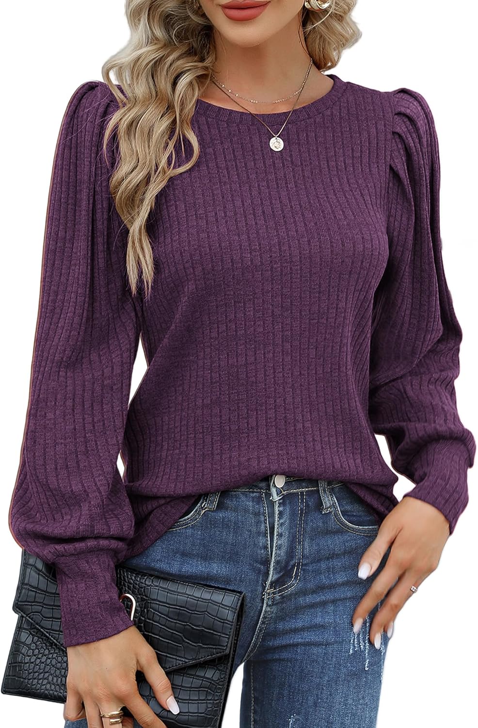 HOTOUCH Womens Knit Blouse Soft Puff Long Sleeve Shirt Tops Lightweight Round Neck Pullover Sweater S-XXL · v3