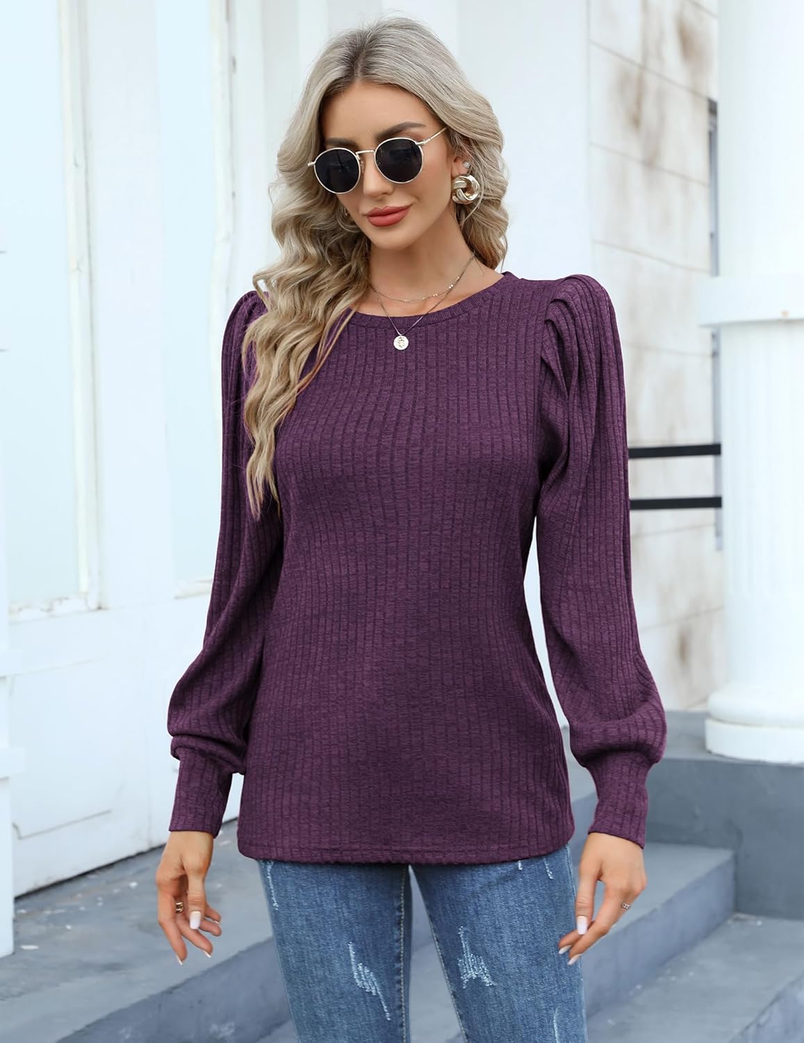 HOTOUCH Womens Knit Blouse Soft Puff Long Sleeve Shirt Tops Lightweight Round Neck Pullover Sweater S-XXL · v3