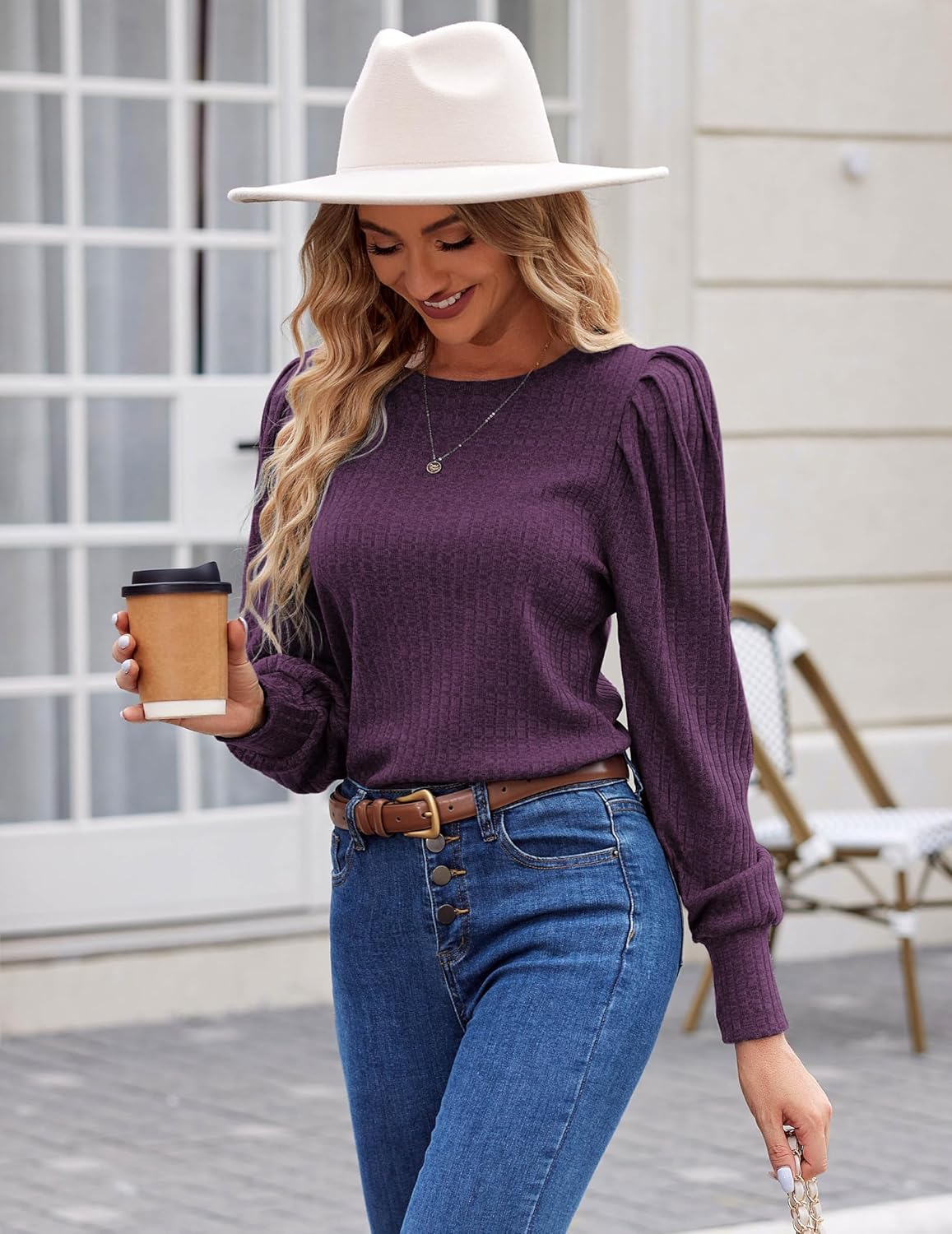 HOTOUCH Womens Knit Blouse Soft Puff Long Sleeve Shirt Tops Lightweight Round Neck Pullover Sweater S-XXL · v3