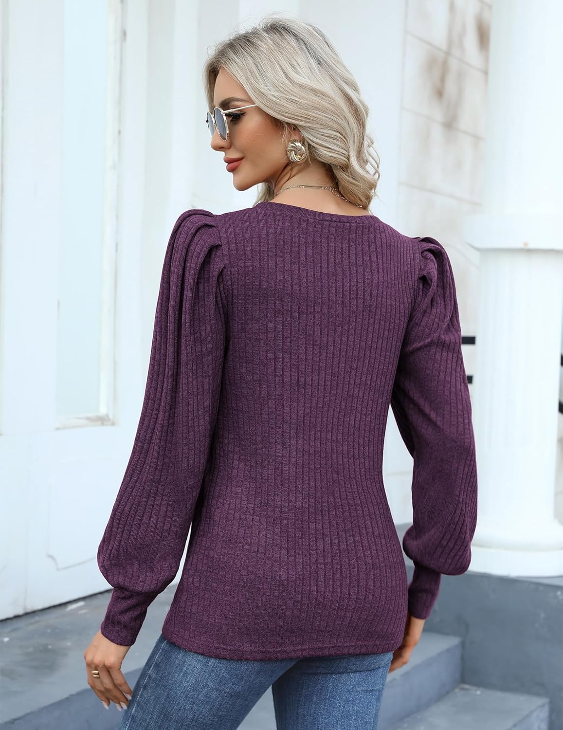 HOTOUCH Womens Knit Blouse Soft Puff Long Sleeve Shirt Tops Lightweight Round Neck Pullover Sweater S-XXL · v3
