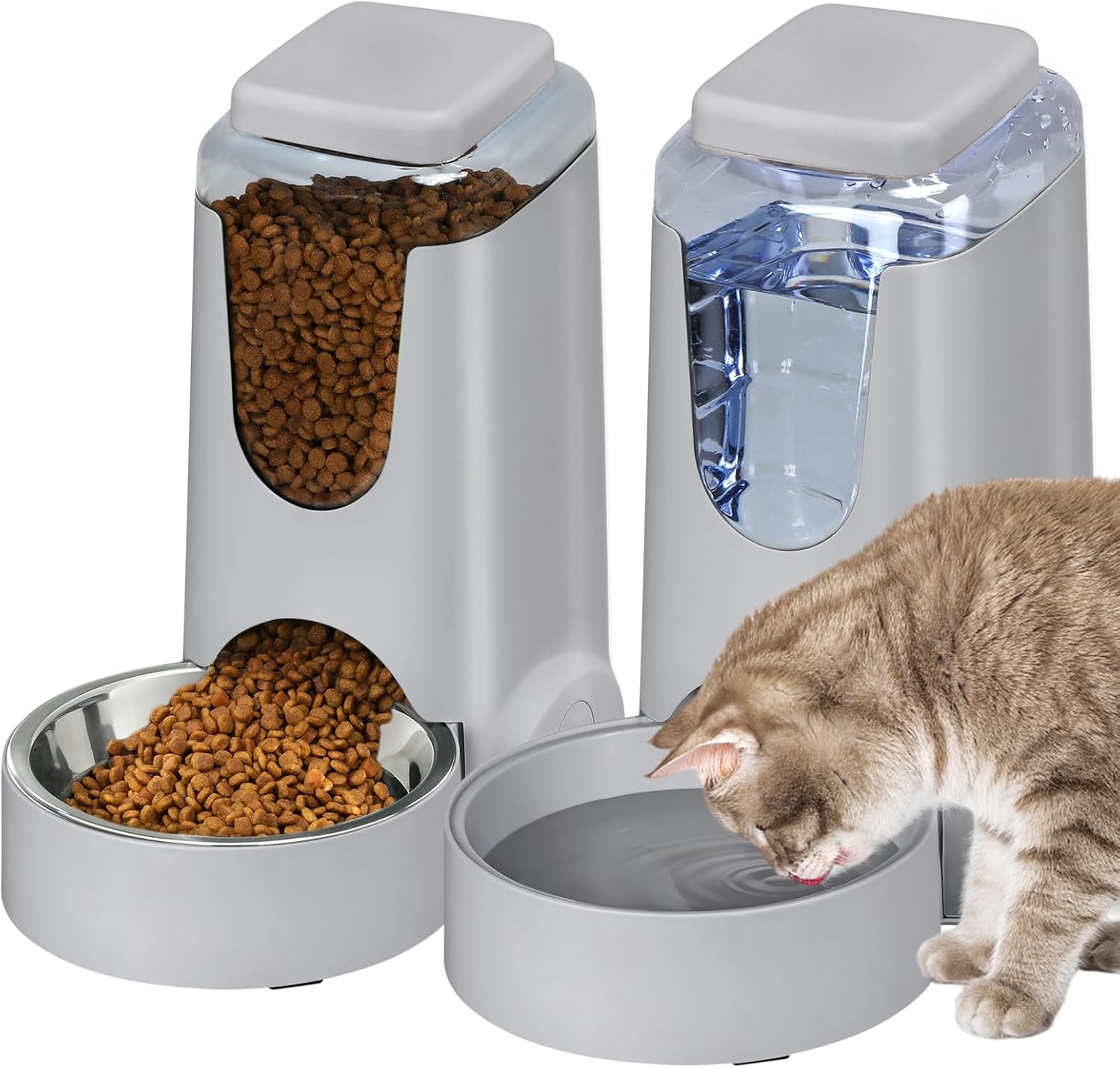 Paquete de 2 comederos automáticos y dispensador de agua para gatos, comederos y bebederos por gravedad para perros, cuencos de autoalimentación para mascotas pequeñas y medianas, cachorros y gatitos (gris)