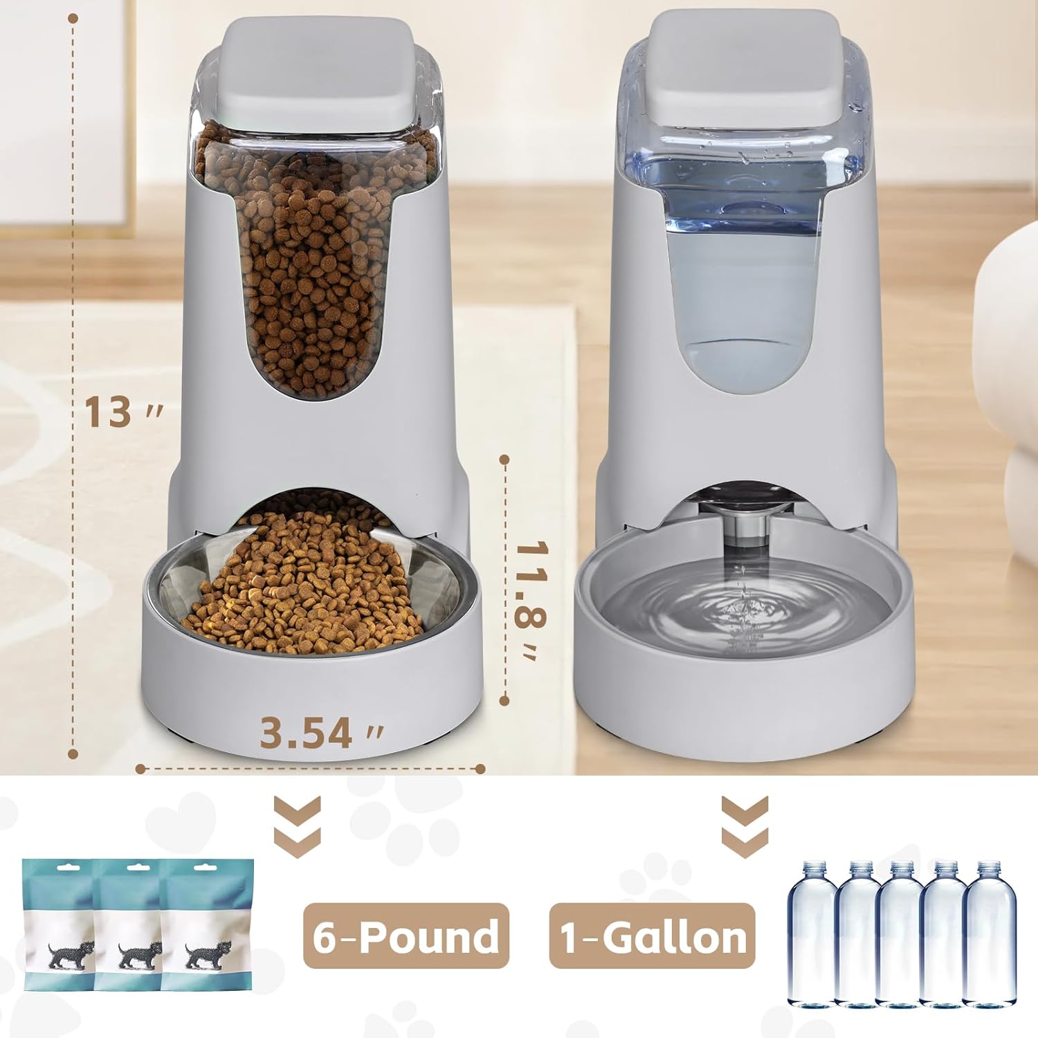 Paquete de 2 comederos automáticos y dispensador de agua para gatos, comederos y bebederos por gravedad para perros, cuencos de autoalimentación para mascotas pequeñas y medianas, cachorros y gatitos (gris)