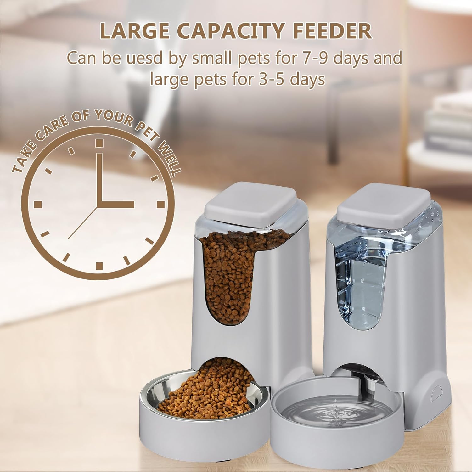Paquete de 2 comederos automáticos y dispensador de agua para gatos, comederos y bebederos por gravedad para perros, cuencos de autoalimentación para mascotas pequeñas y medianas, cachorros y gatitos (gris)