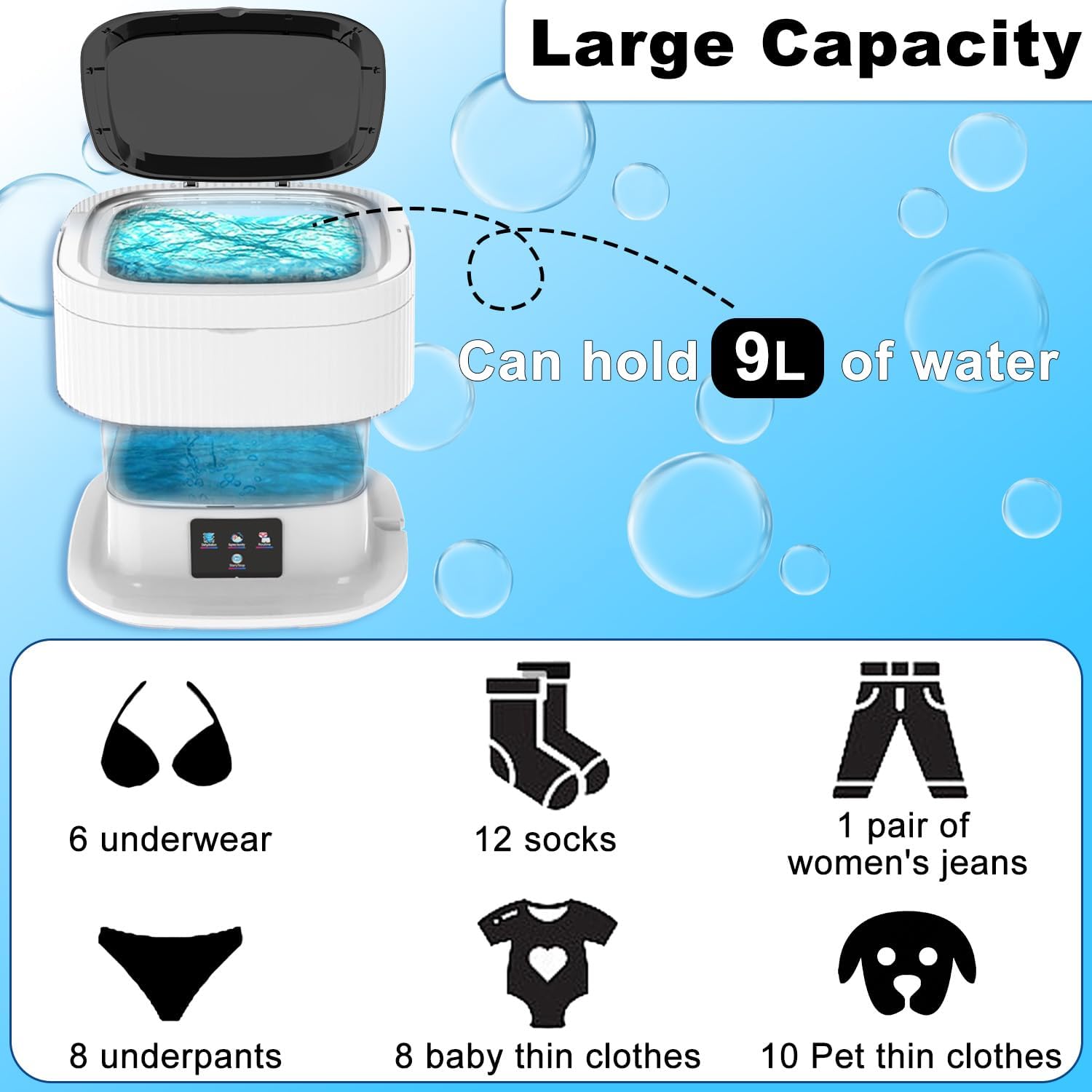 Portable washing machine, Mini foldable washing machine, 9L large capacity, with rotary dryer, for underwear, socks, easy cleaning, baby clothes, suitable for apartment, dormitory, travel (Grey) · v5
