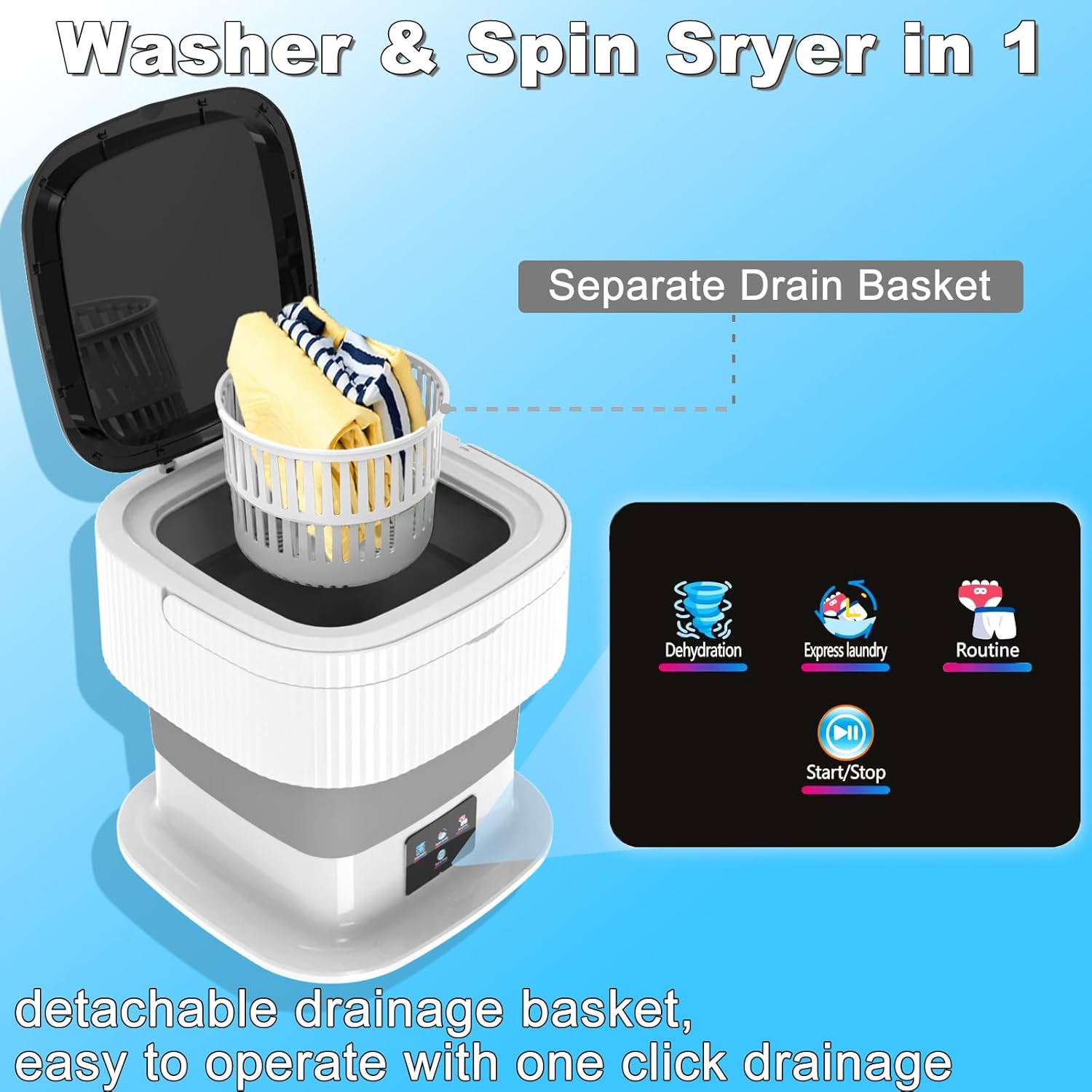 Portable washing machine, Mini foldable washing machine, 9L large capacity, with rotary dryer, for underwear, socks, easy cleaning, baby clothes, suitable for apartment, dormitory, travel (Grey) · v5