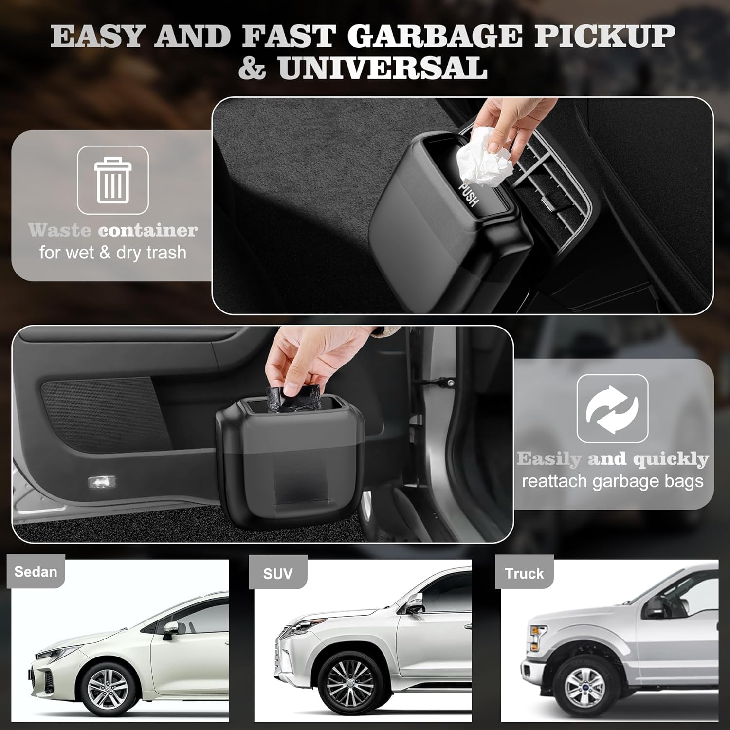 2 Packungen Auto-Mülleimer mit Deckel, integrierter Müllsack, auslaufsicherer Fahrzeugmüll, Autozubehör für den Innenraum, Mini-Mülleimer für Auto, Büro, Küche, Schlafzimmer, mit 30 Stück Müllsäcken