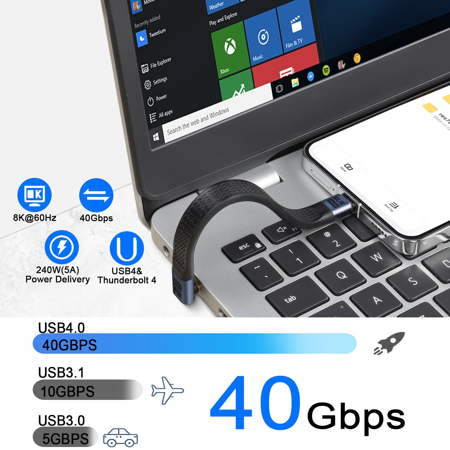 QIANRENON Câble court USB 4,0 C mâle 240 W à angle de 90°, type C, mâle, type C, charge rapide, câble de données souple 40 Gbit/s, pour smartphone Thunderbolt 3/4 Power Bank, 13 cm/5,1 pouces (courbure positive)
