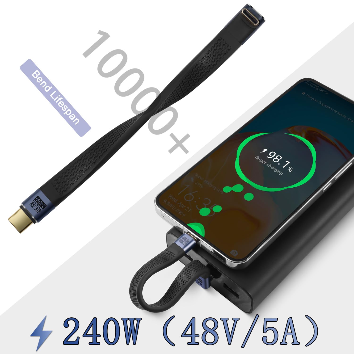 QIANRENON Câble court USB 4,0 C mâle 240 W à angle de 90°, type C, mâle, type C, charge rapide, câble de données souple 40 Gbit/s, pour smartphone Thunderbolt 3/4 Power Bank, 13 cm/5,1 pouces (courbure positive)