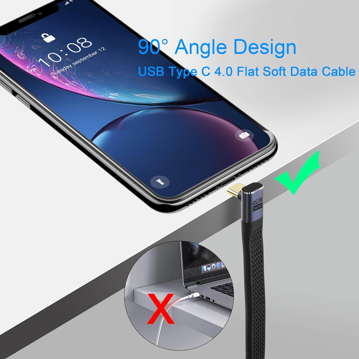 QIANRENON Câble court USB 4,0 C mâle 240 W à angle de 90°, type C, mâle, type C, charge rapide, câble de données souple 40 Gbit/s, pour smartphone Thunderbolt 3/4 Power Bank, 13 cm/5,1 pouces (courbure positive)