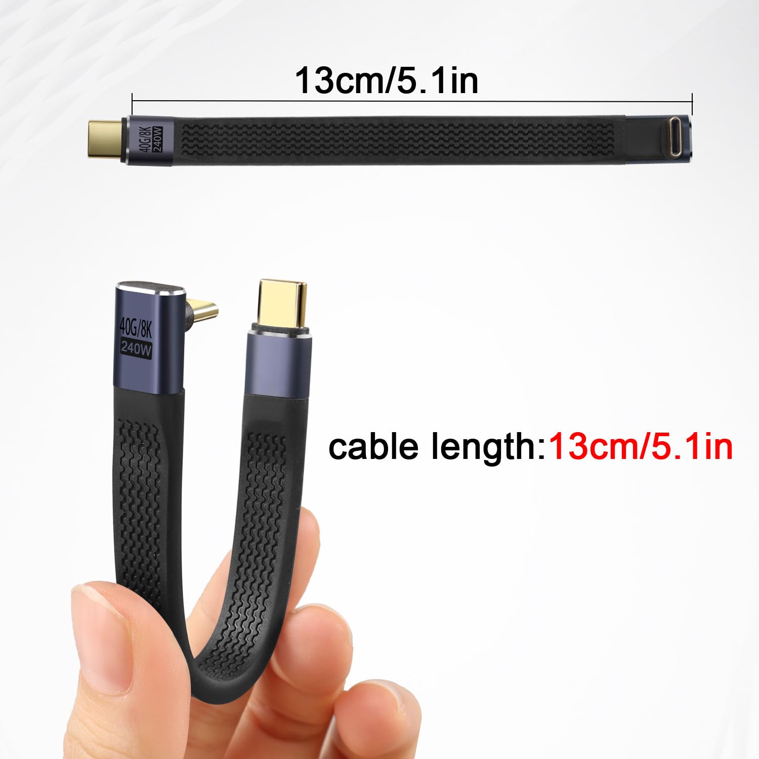 QIANRENON Câble court USB 4,0 C mâle 240 W à angle de 90°, type C, mâle, type C, charge rapide, câble de données souple 40 Gbit/s, pour smartphone Thunderbolt 3/4 Power Bank, 13 cm/5,1 pouces (courbure positive)