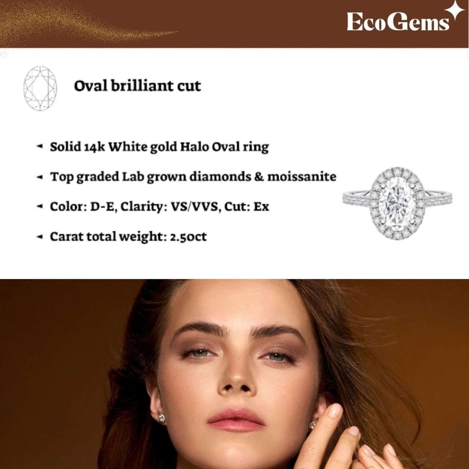 1.25-2.50 Cttw Lab-grown Diamonds and Moissanite oval cut halo engagement ring 14K White Gold (D Color VVS Clarity) Comes With Gift Box · v2