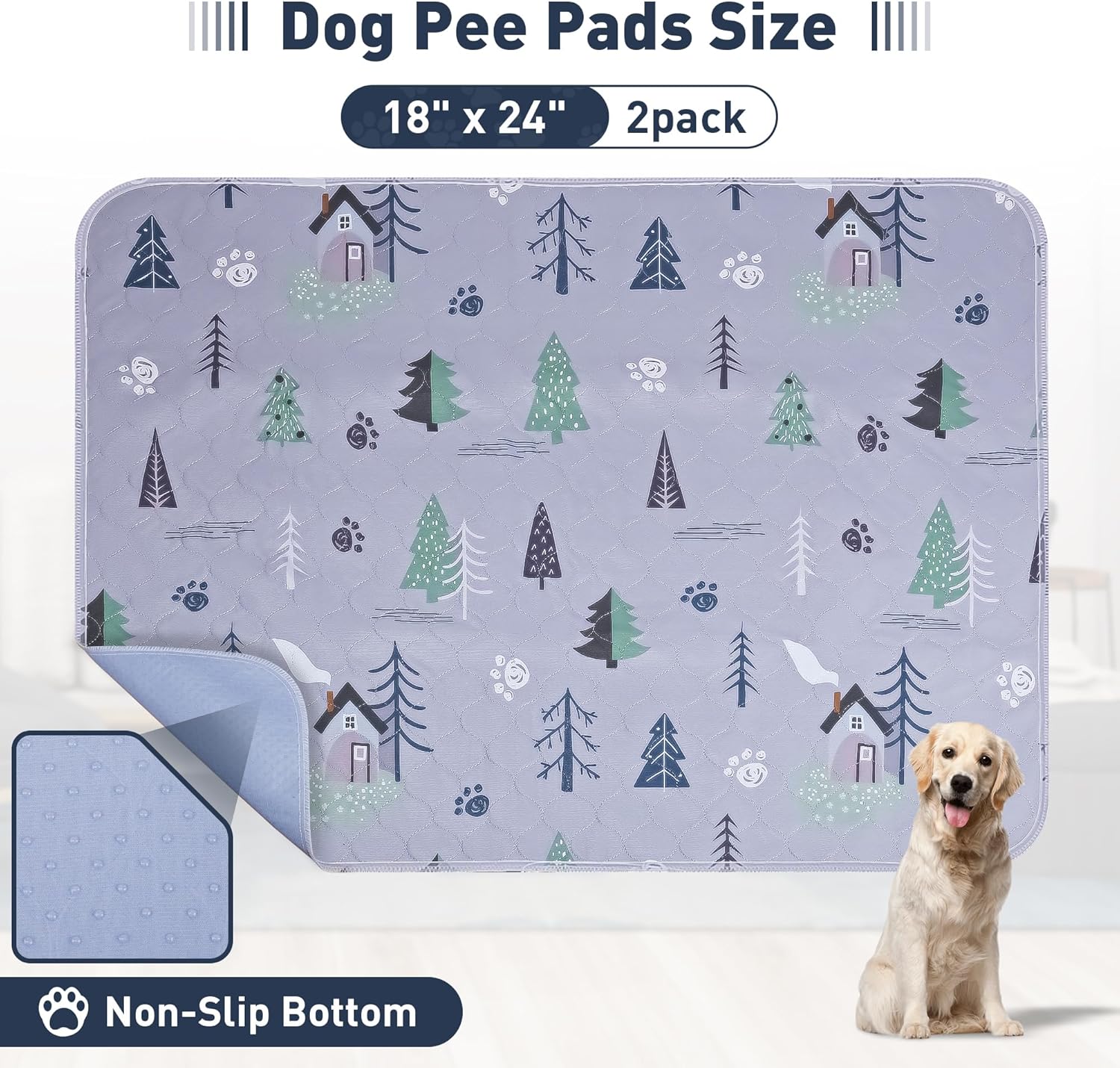 UPSKY Washable Pee Pads for Dogs, 2 Pack Reusable Puppy Pads Super Absorbent Dog Pee Pads, Waterproof Pet Potty Training Pads Leakproof Anti-Slip Whelping Pads for Crate, Playpen, 18x 24"