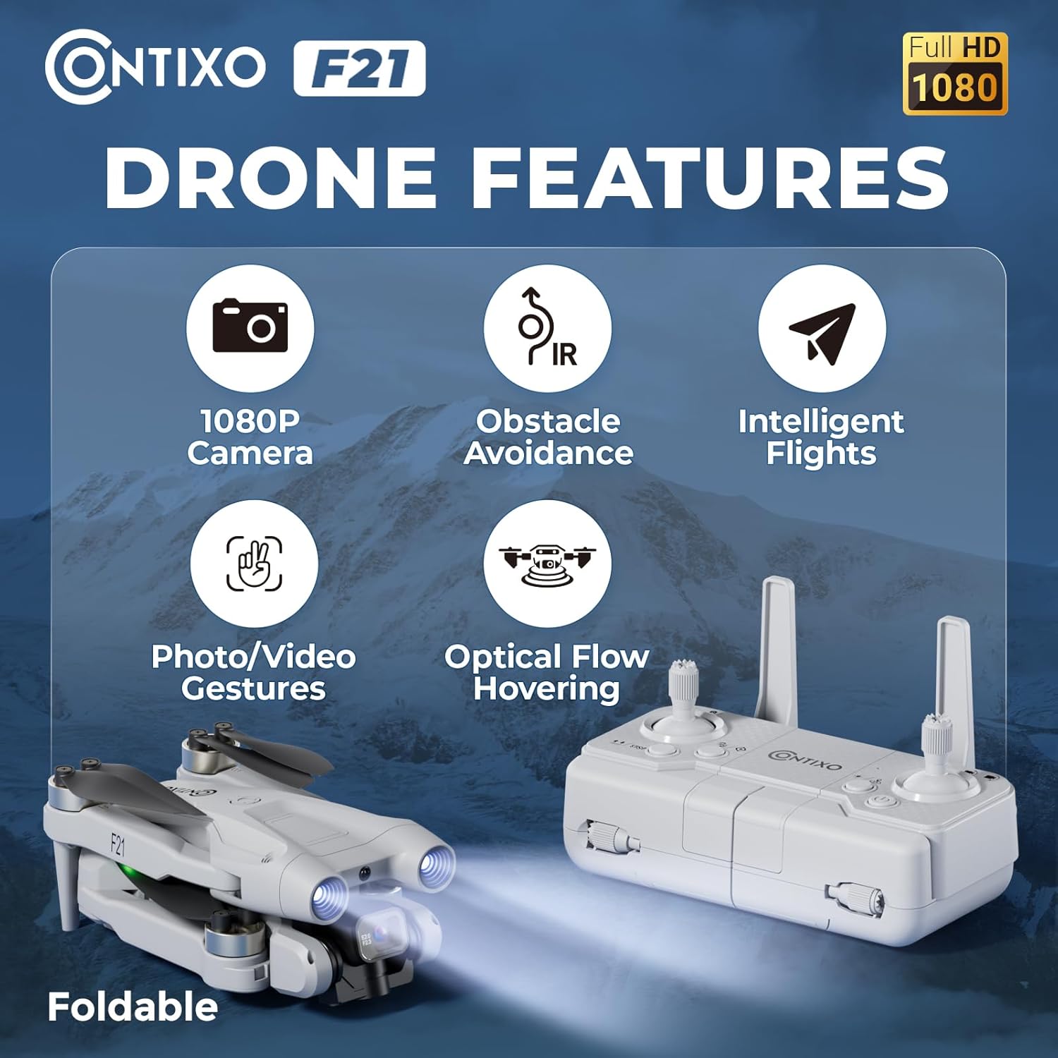 Drone quadricottero RC Contixo F21 con fotocamera 1080P, drone FPV, droni per adulti, frequenza ISM, foto 1920X1080P, ribaltamenti 3D, mantenimento dell'altitudine e selfie gestuale 100 M, FOV 60°, motore brushless