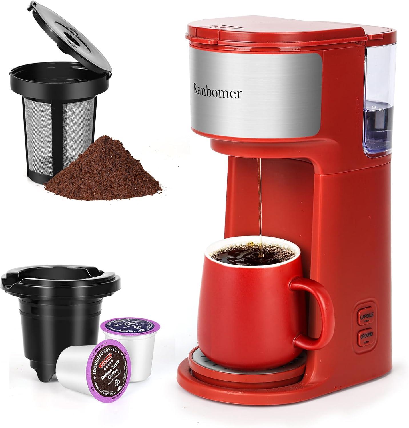 เครื่องชงกาแฟ Ranbomer แบบเสิร์ฟครั้งเดียว เครื่องชงกาแฟแบบ K Cup และแบบบด 2-in-1 ขนาดชง 6-14 ออนซ์ เครื่องชงกาแฟแบบมินิแบบเสิร์ฟครั้งเดียวพร้อมฟังก์ชันทำความสะอาดตัวเอง เหมาะกับแก้วเดินทาง (สีแดง)
