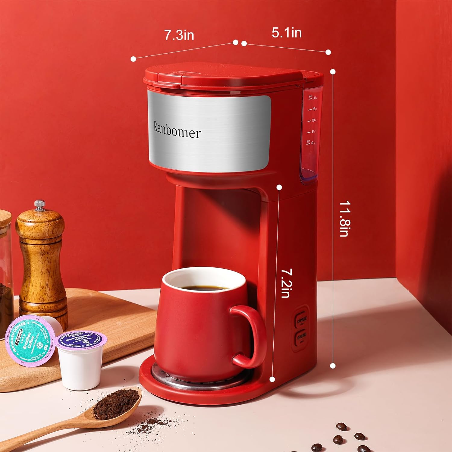 เครื่องชงกาแฟ Ranbomer แบบเสิร์ฟครั้งเดียว เครื่องชงกาแฟแบบ K Cup และแบบบด 2-in-1 ขนาดชง 6-14 ออนซ์ เครื่องชงกาแฟแบบมินิแบบเสิร์ฟครั้งเดียวพร้อมฟังก์ชันทำความสะอาดตัวเอง เหมาะกับแก้วเดินทาง (สีแดง)