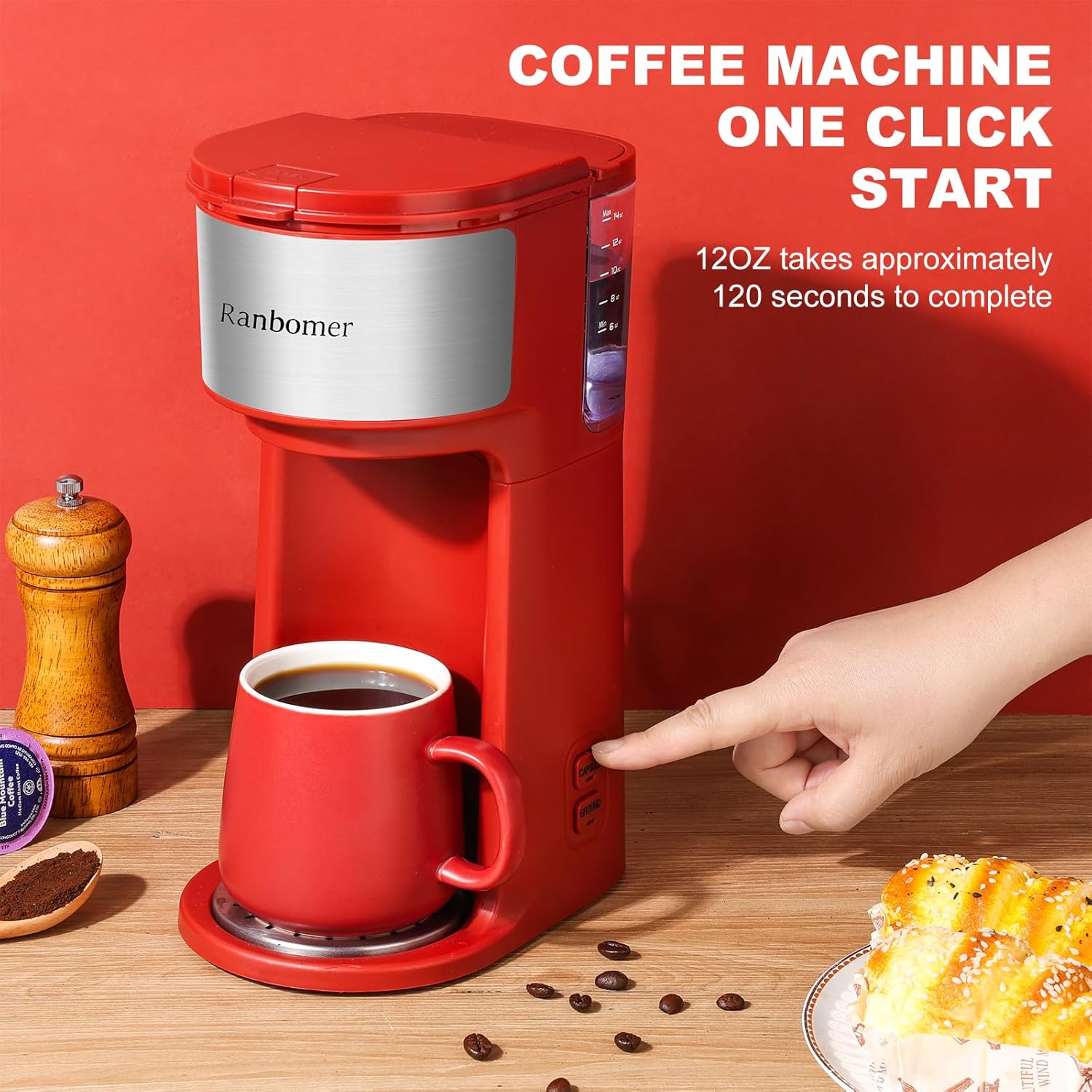 เครื่องชงกาแฟ Ranbomer แบบเสิร์ฟครั้งเดียว เครื่องชงกาแฟแบบ K Cup และแบบบด 2-in-1 ขนาดชง 6-14 ออนซ์ เครื่องชงกาแฟแบบมินิแบบเสิร์ฟครั้งเดียวพร้อมฟังก์ชันทำความสะอาดตัวเอง เหมาะกับแก้วเดินทาง (สีแดง)