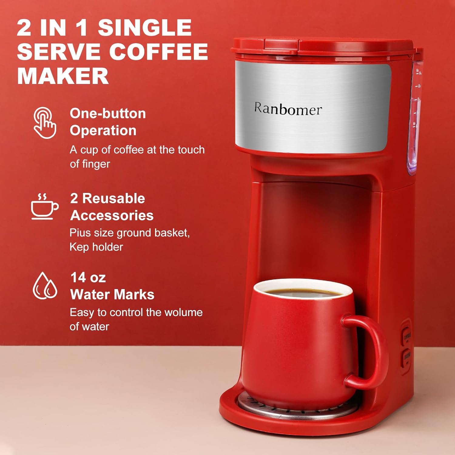 เครื่องชงกาแฟ Ranbomer แบบเสิร์ฟครั้งเดียว เครื่องชงกาแฟแบบ K Cup และแบบบด 2-in-1 ขนาดชง 6-14 ออนซ์ เครื่องชงกาแฟแบบมินิแบบเสิร์ฟครั้งเดียวพร้อมฟังก์ชันทำความสะอาดตัวเอง เหมาะกับแก้วเดินทาง (สีแดง)