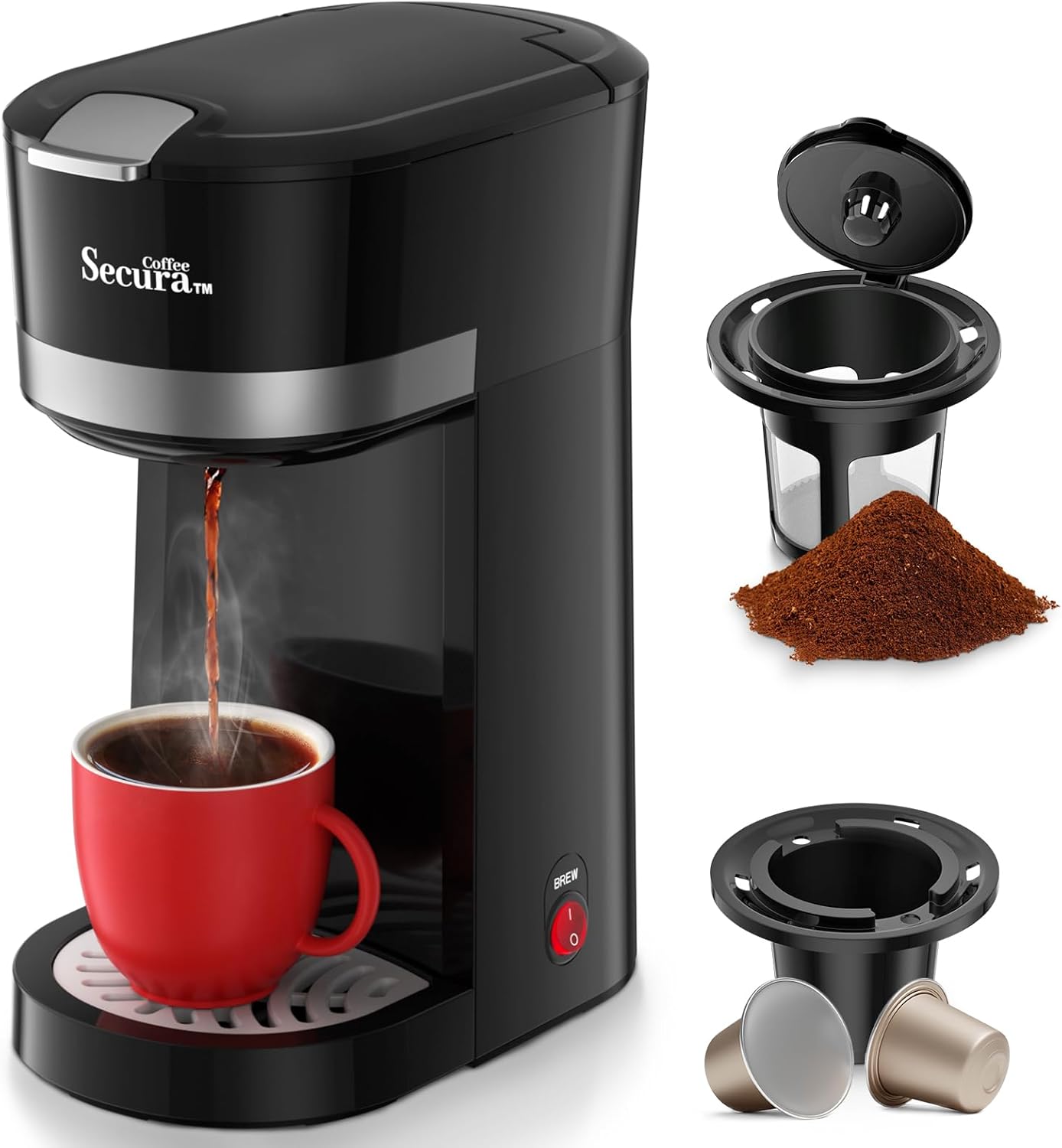 Secura K Cup için Tek Servis Kahve MakinesiÖğütülmüş Kahve Bölmeleri Fincan Kahve Bira Makinesi, Öğütülmüş Kahve Sepetli 12 Oz. Demleme Boyutu Bir Kahve Makinesi Seyahat Kupası için Kapsül Kahve Makinesi