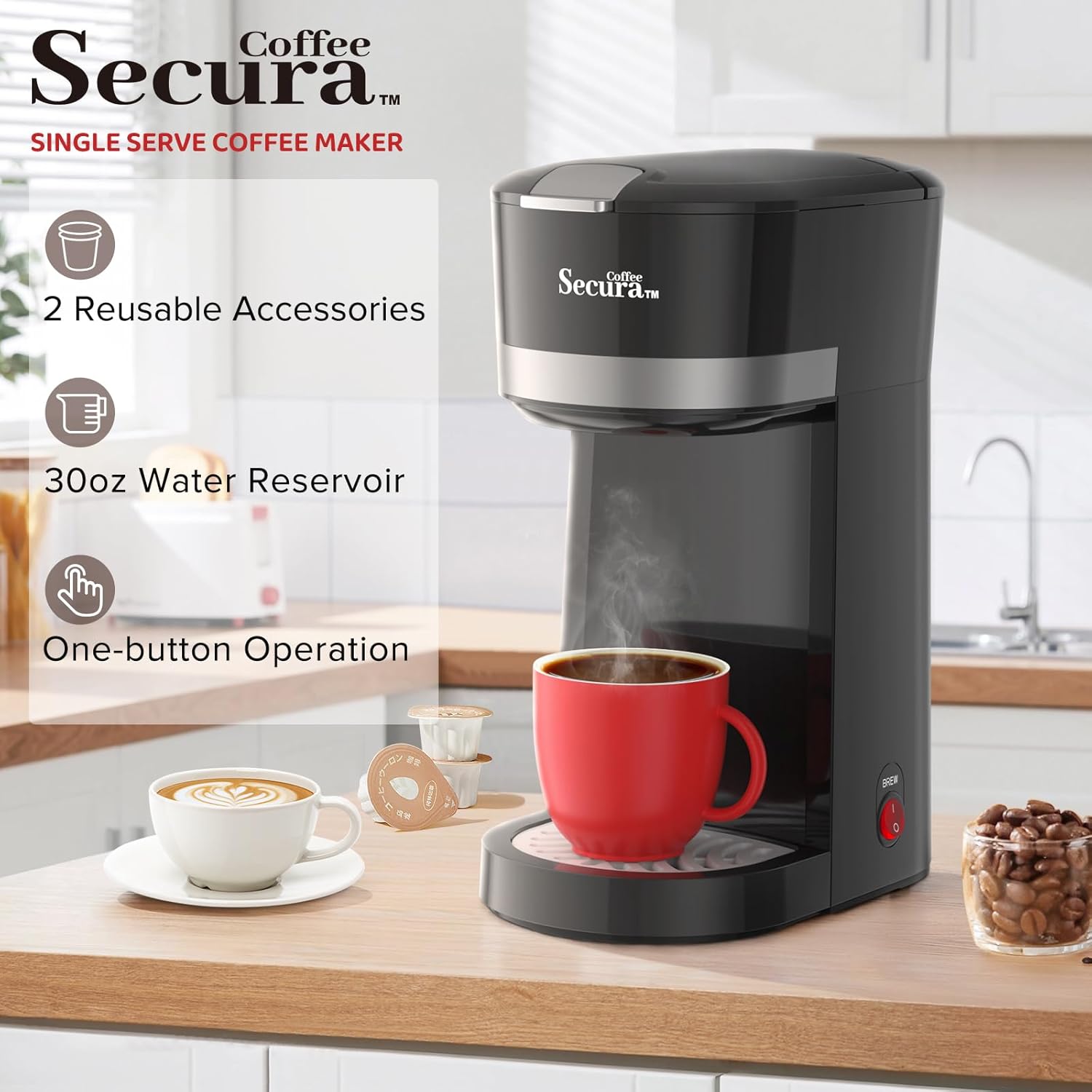 Secura Single Serve Coffee Maker for K CupGround Coffee Pods Cup Coffee Brewer with Ground Coffee Basket 12 Oz. Brew Size One Coffee Maker Capsule Coffee Machine for Travel Cup · v2