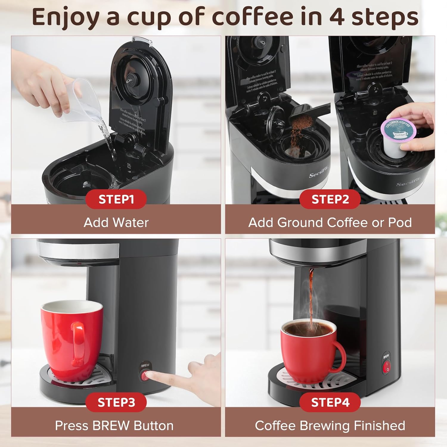 Secura Single Serve Coffee Maker for K CupGround Coffee Pods Cup Coffee Brewer with Ground Coffee Basket 12 Oz. Brew Size One Coffee Maker Capsule Coffee Machine for Travel Cup · v2
