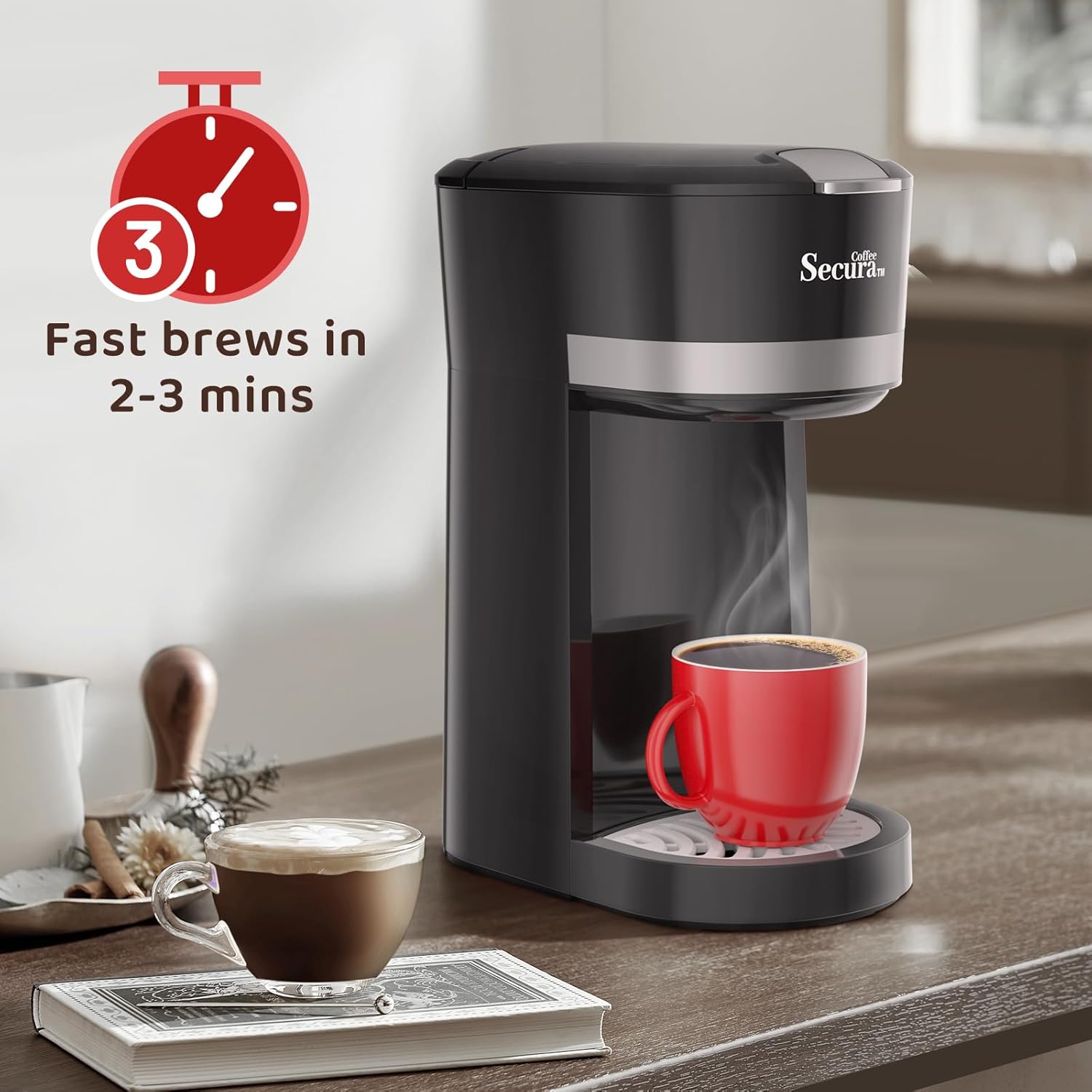 Secura Single Serve Coffee Maker for K CupGround Coffee Pods Cup Coffee Brewer with Ground Coffee Basket 12 Oz. Brew Size One Coffee Maker Capsule Coffee Machine for Travel Cup · v2