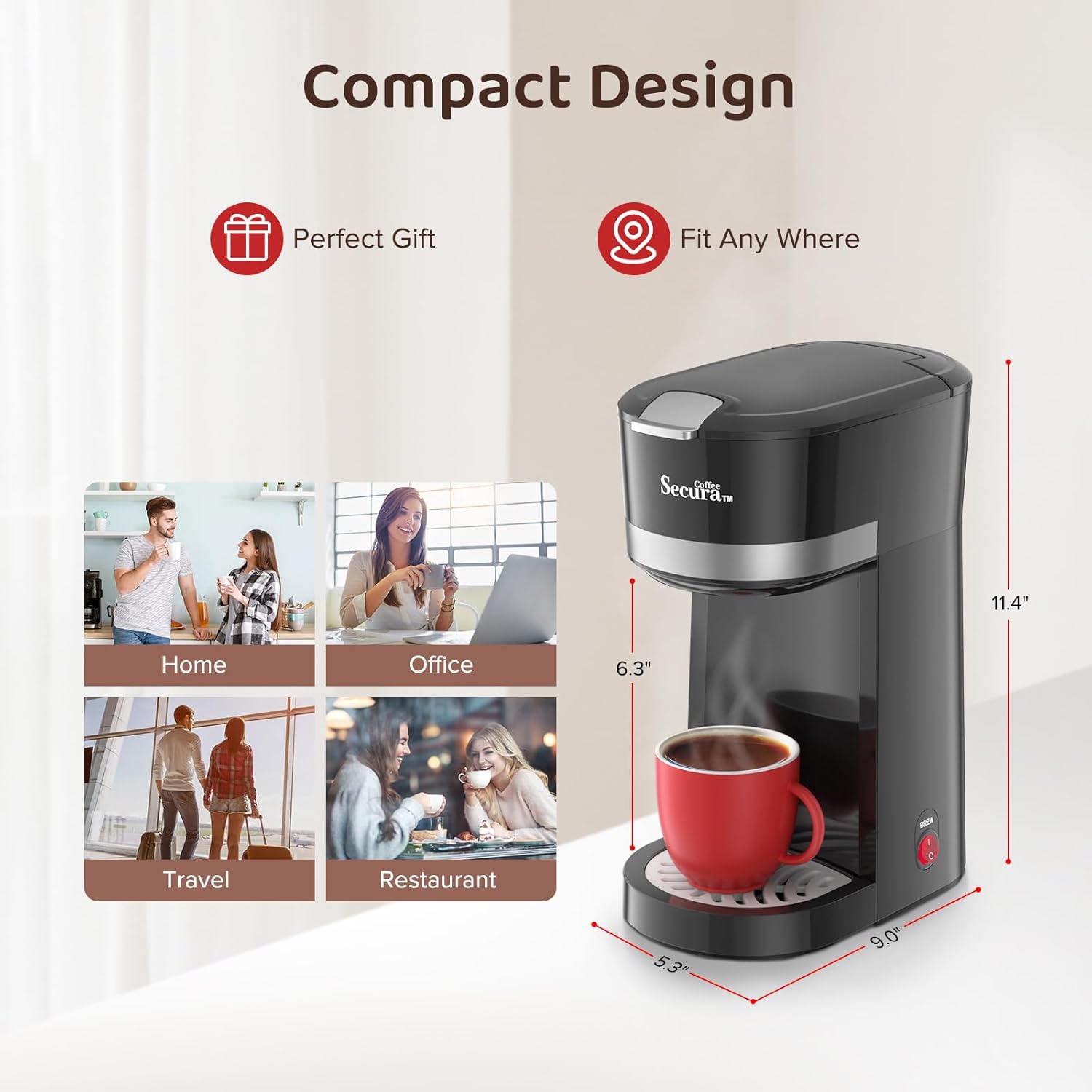 Secura Single Serve Coffee Maker for K CupGround Coffee Pods Cup Coffee Brewer with Ground Coffee Basket 12 Oz. Brew Size One Coffee Maker Capsule Coffee Machine for Travel Cup · v2