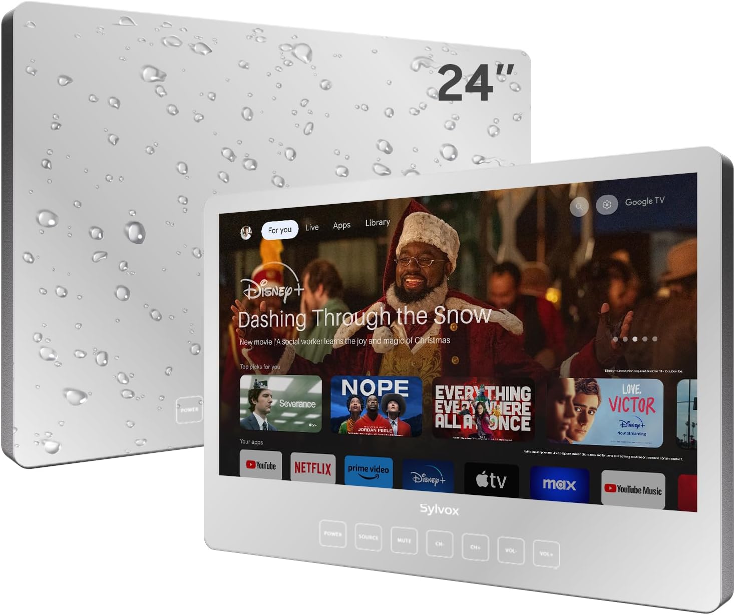 Telewizor łazienkowy SYLVOX, 24-calowy telewizor Smart Mirror do łazienkowego prysznica SPA, Najnowszy system Google, wodoodporny przycisk dotykowy 1080P IP66 WiFi Bluetooth Google Assistant, Smart TV do wilgotnego środowiska wewnętrznego