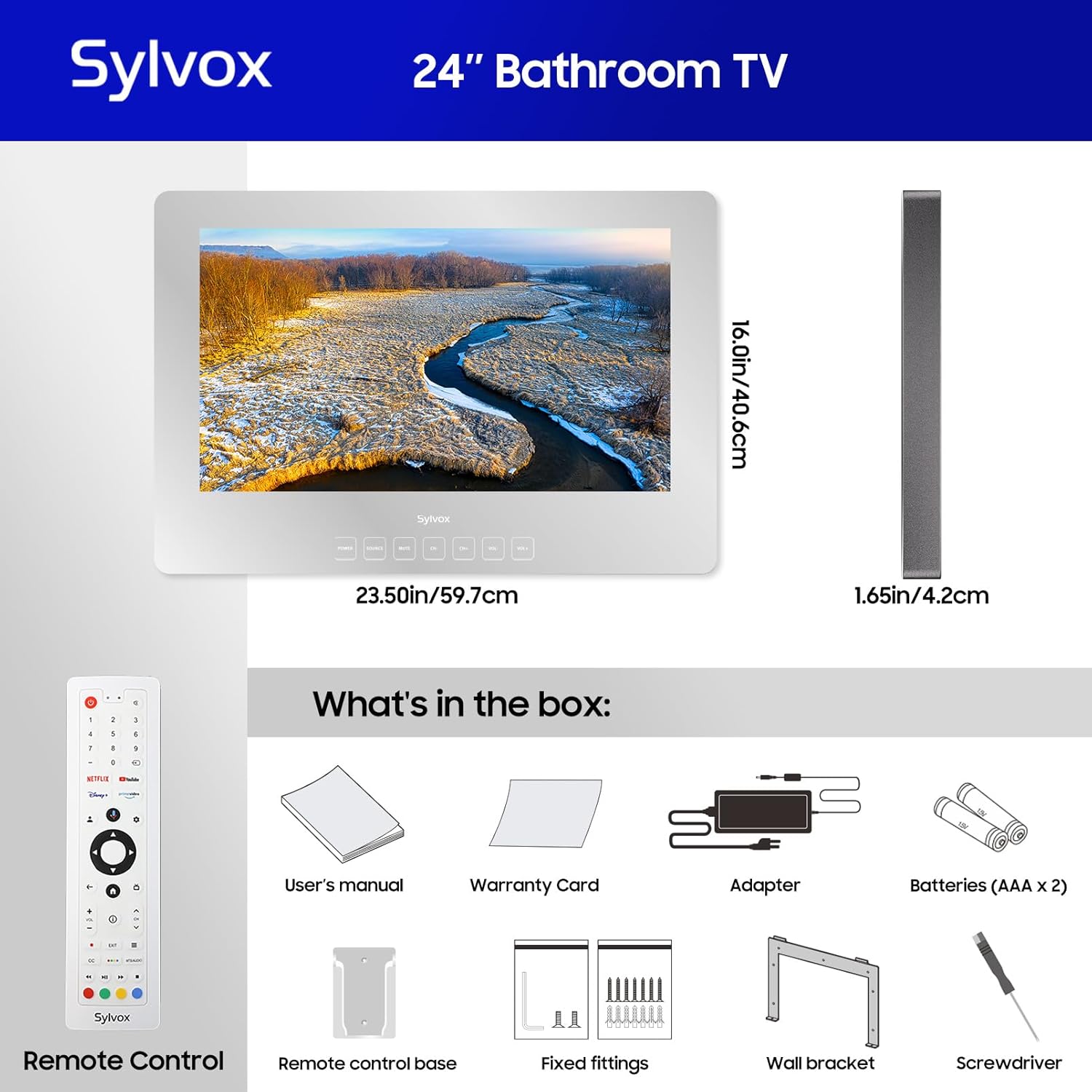 Telewizor łazienkowy SYLVOX, 24-calowy telewizor Smart Mirror do łazienkowego prysznica SPA, Najnowszy system Google, wodoodporny przycisk dotykowy 1080P IP66 WiFi Bluetooth Google Assistant, Smart TV do wilgotnego środowiska wewnętrznego